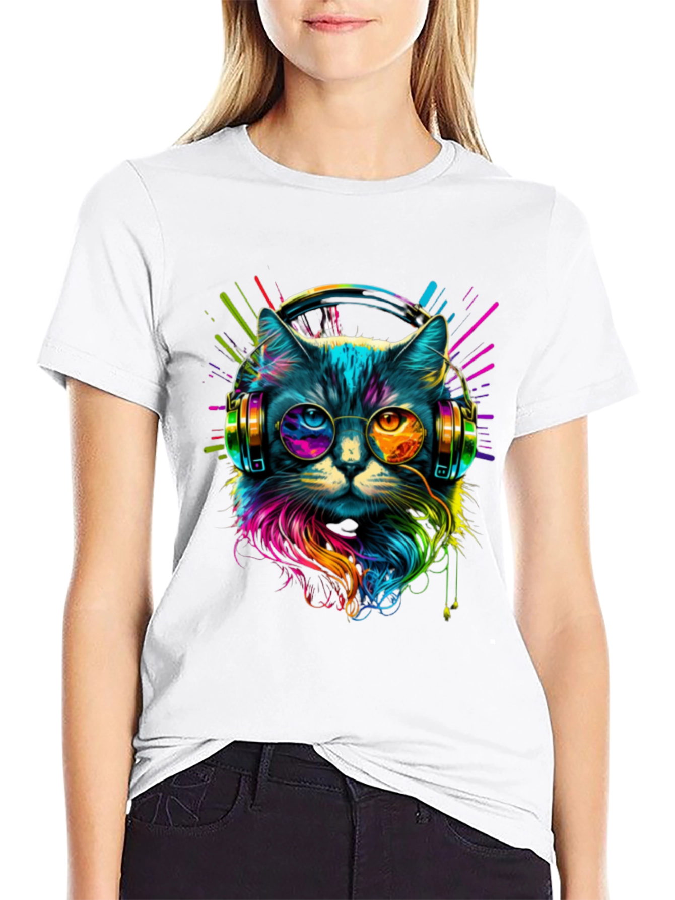 Black Neon Cat DJ T-Shirt - Unique Graphic Tee view 9