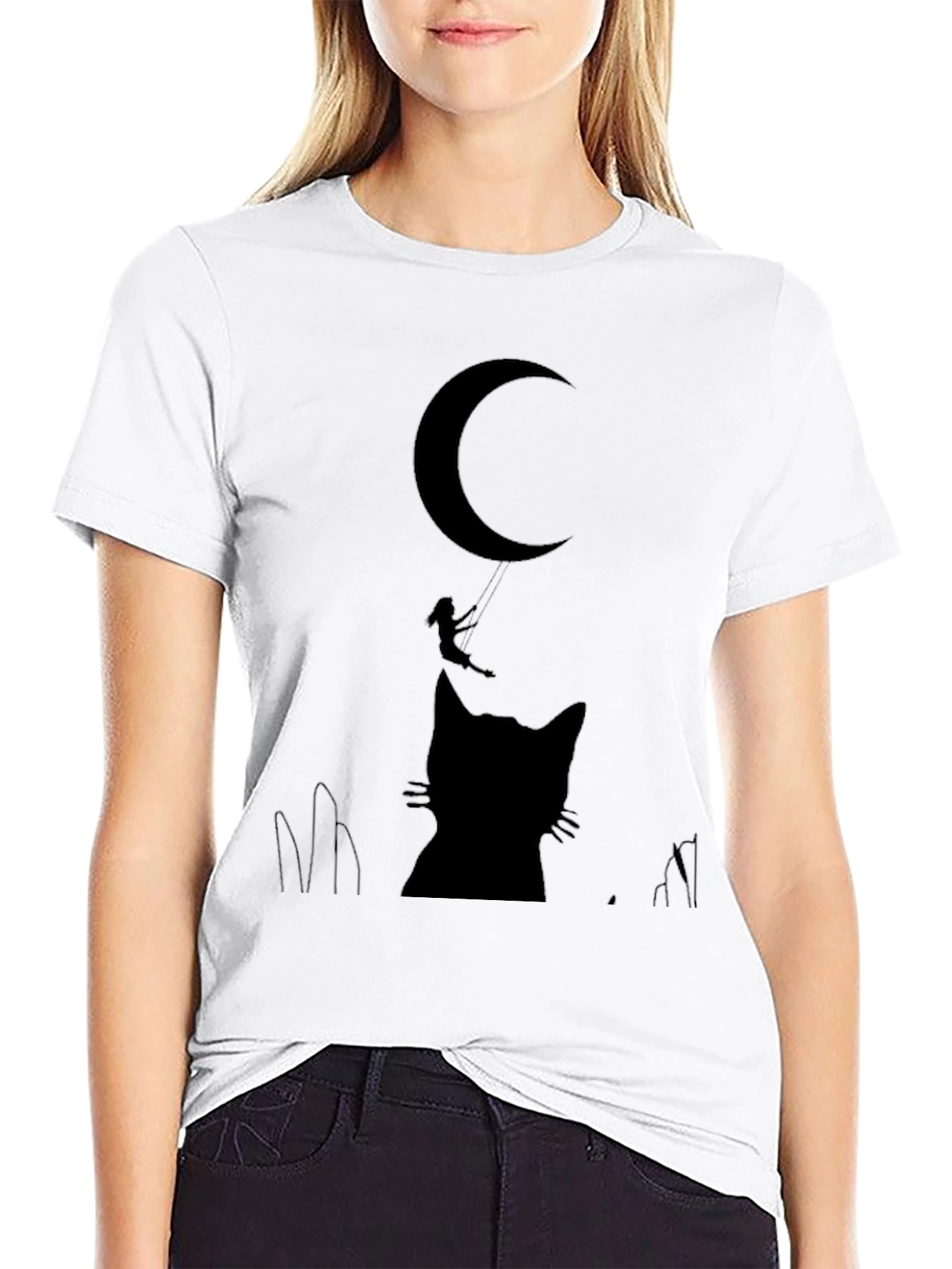 Black Whimsical Cat & Moon Graphic Tee - Black Cotton Blend view 9