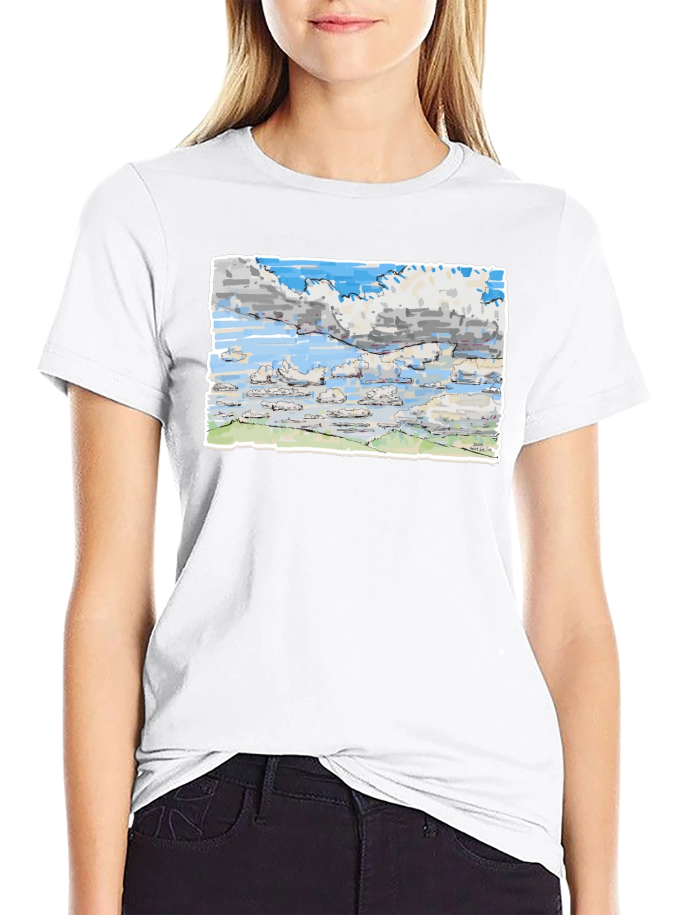 Black Sky Drawing T-Shirt - Artistic Cloud Design view 9