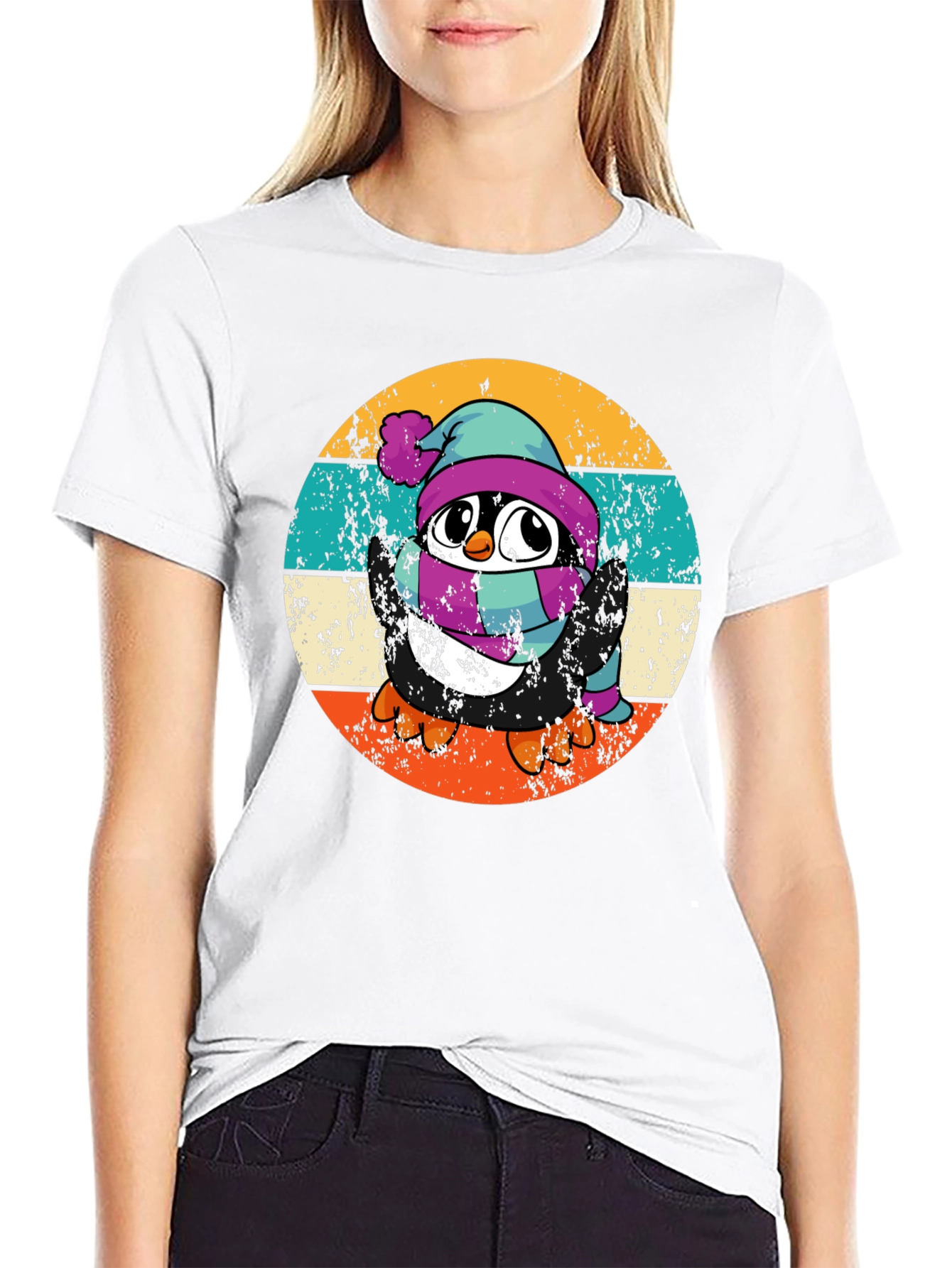 Black Retro Penguin Winter T-Shirt view 9