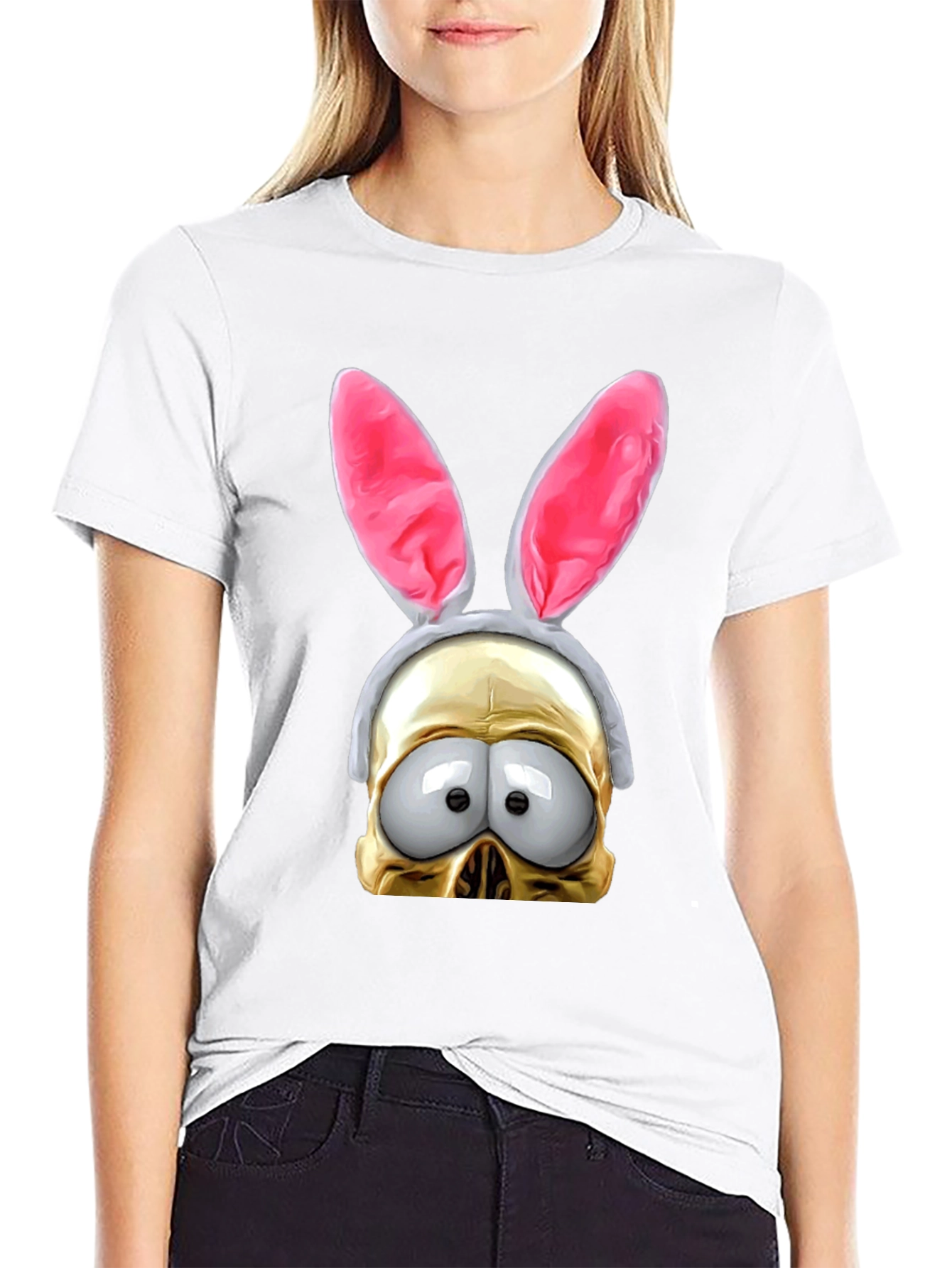 Black Humorous Bunny Skull Graphic T-Shirt view 9