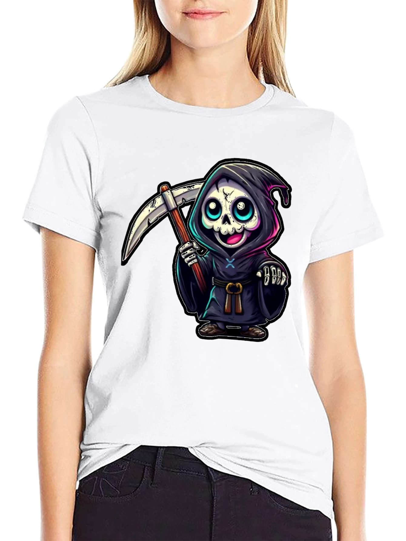 Black Grim Reaper Cartoon Graphic Tee view 9