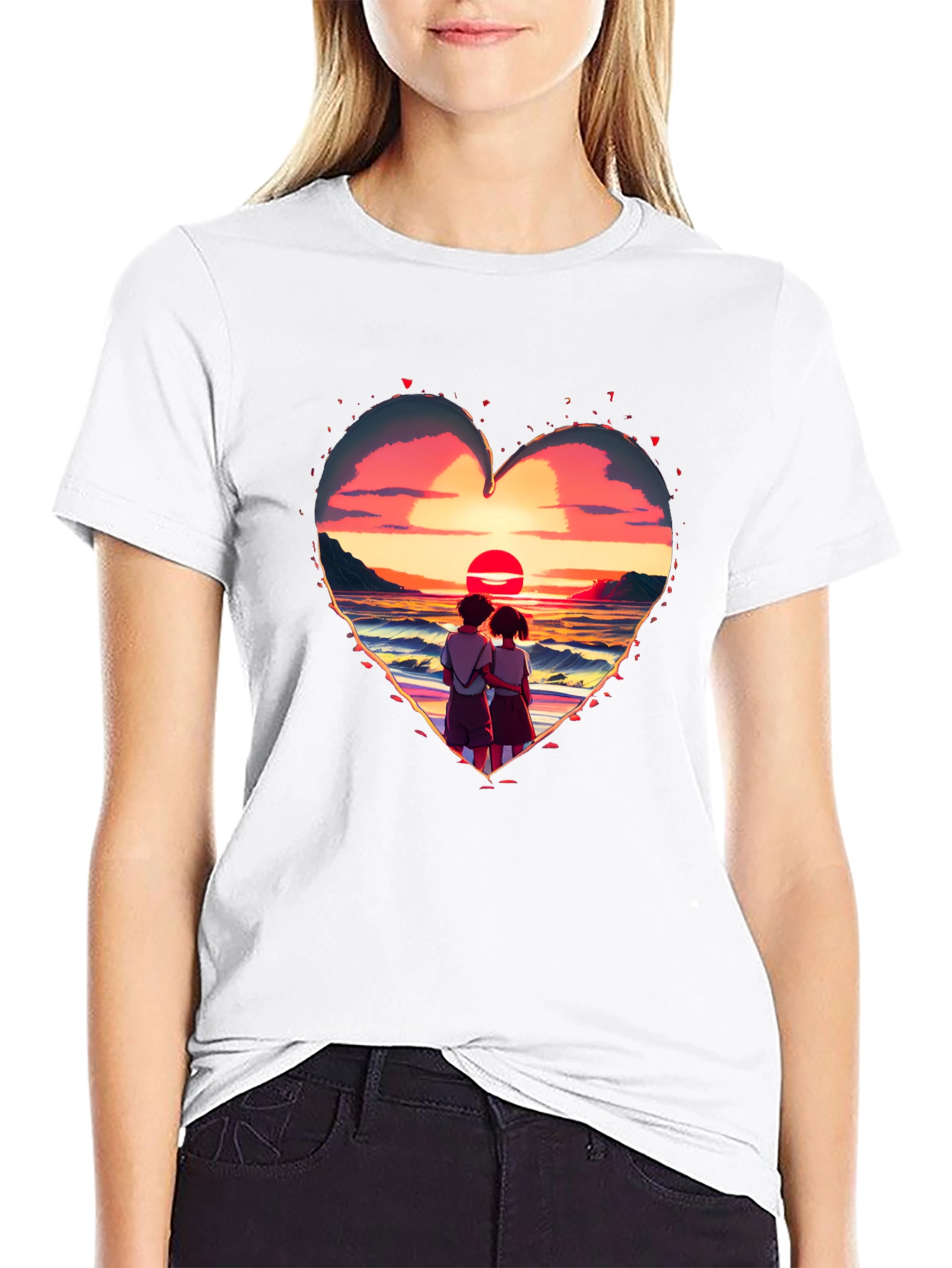 Black Sunset Lovers Heart Graphic Tee - Romantic Style view 9
