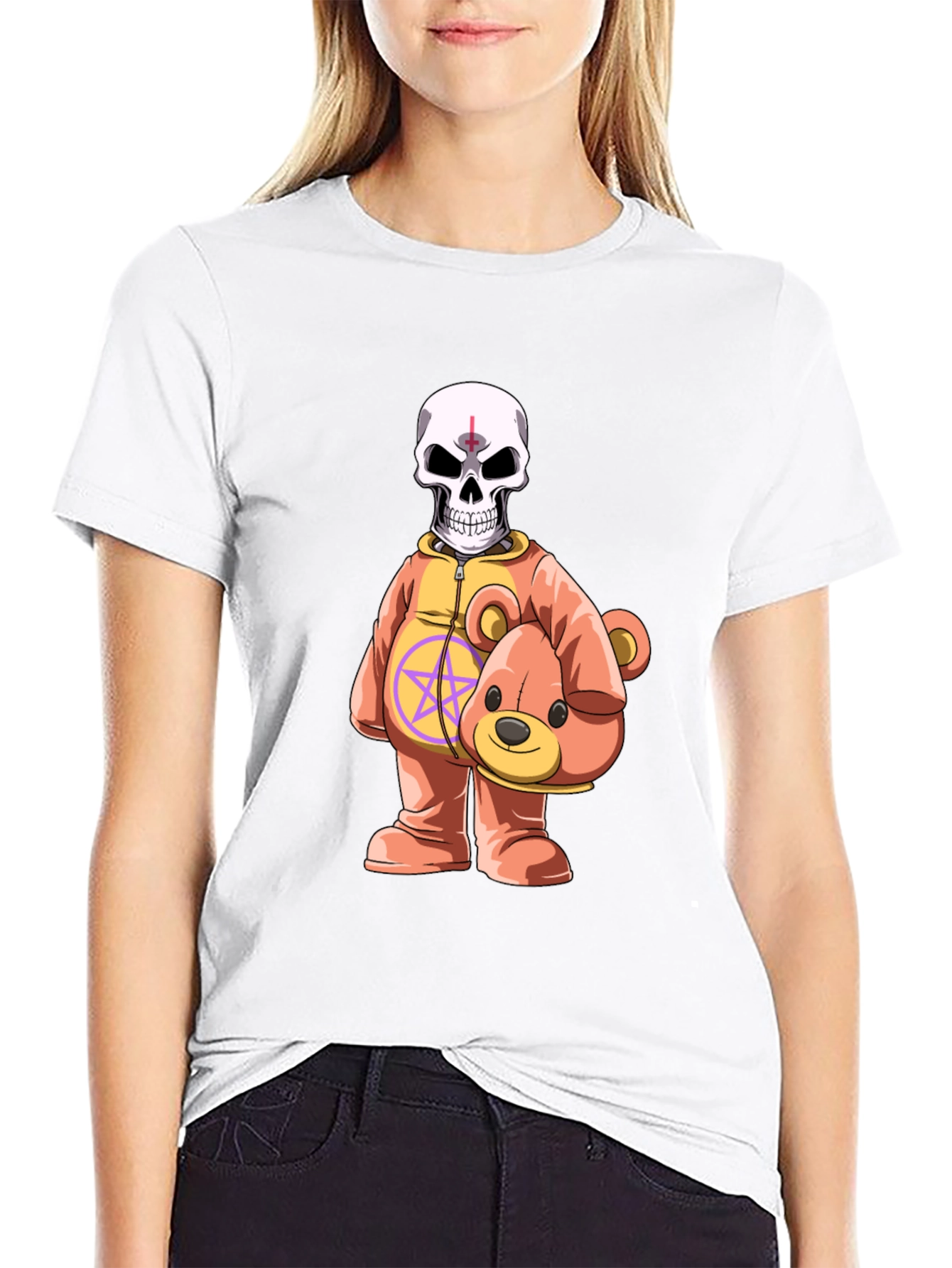 Black Skull Teddy Bear Graphic Tee - Edgy Novelty Shirt view 9