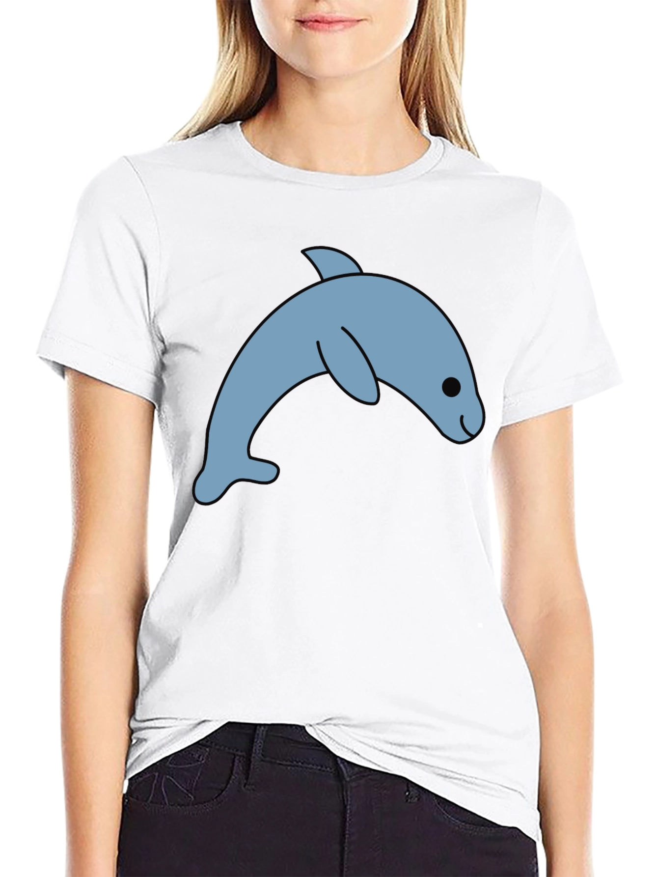 Black Cute Dolphin Graphic Tee - Black Cotton T-Shirt view 9