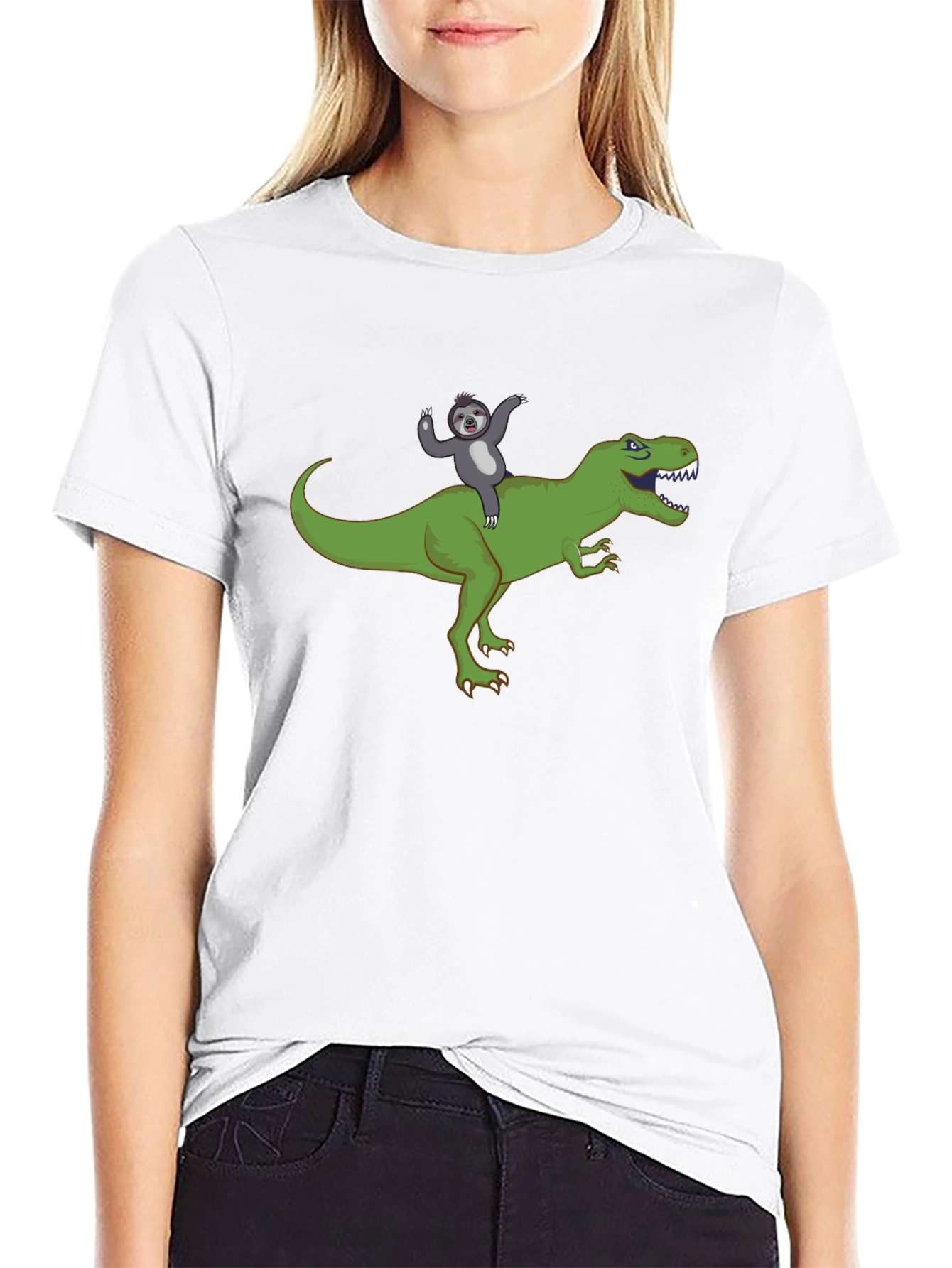 Black Sloth Riding T-Rex Funny Graphic T-Shirt view 9