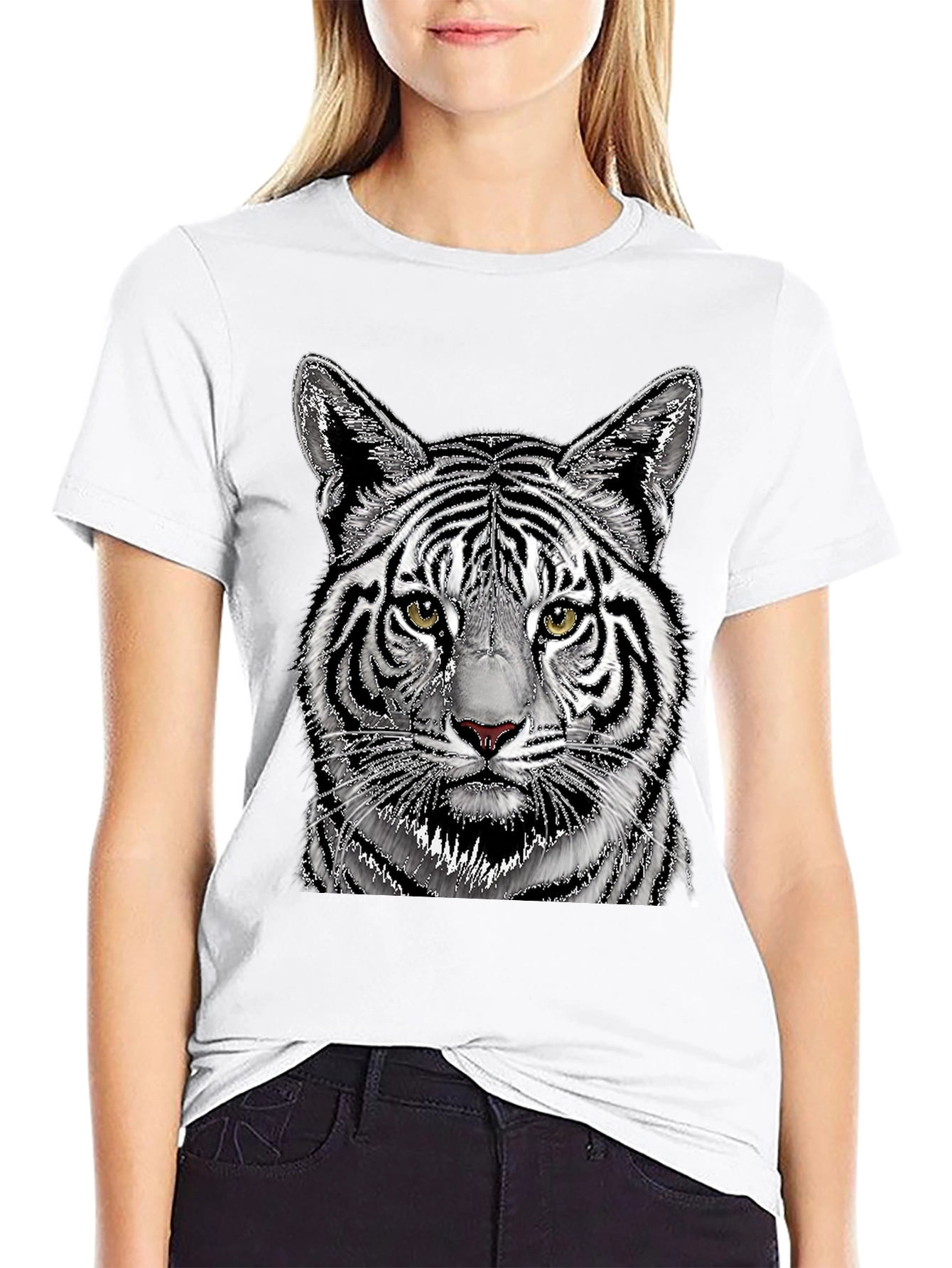 Black White Tiger Graphic Print Black T-Shirt view 9