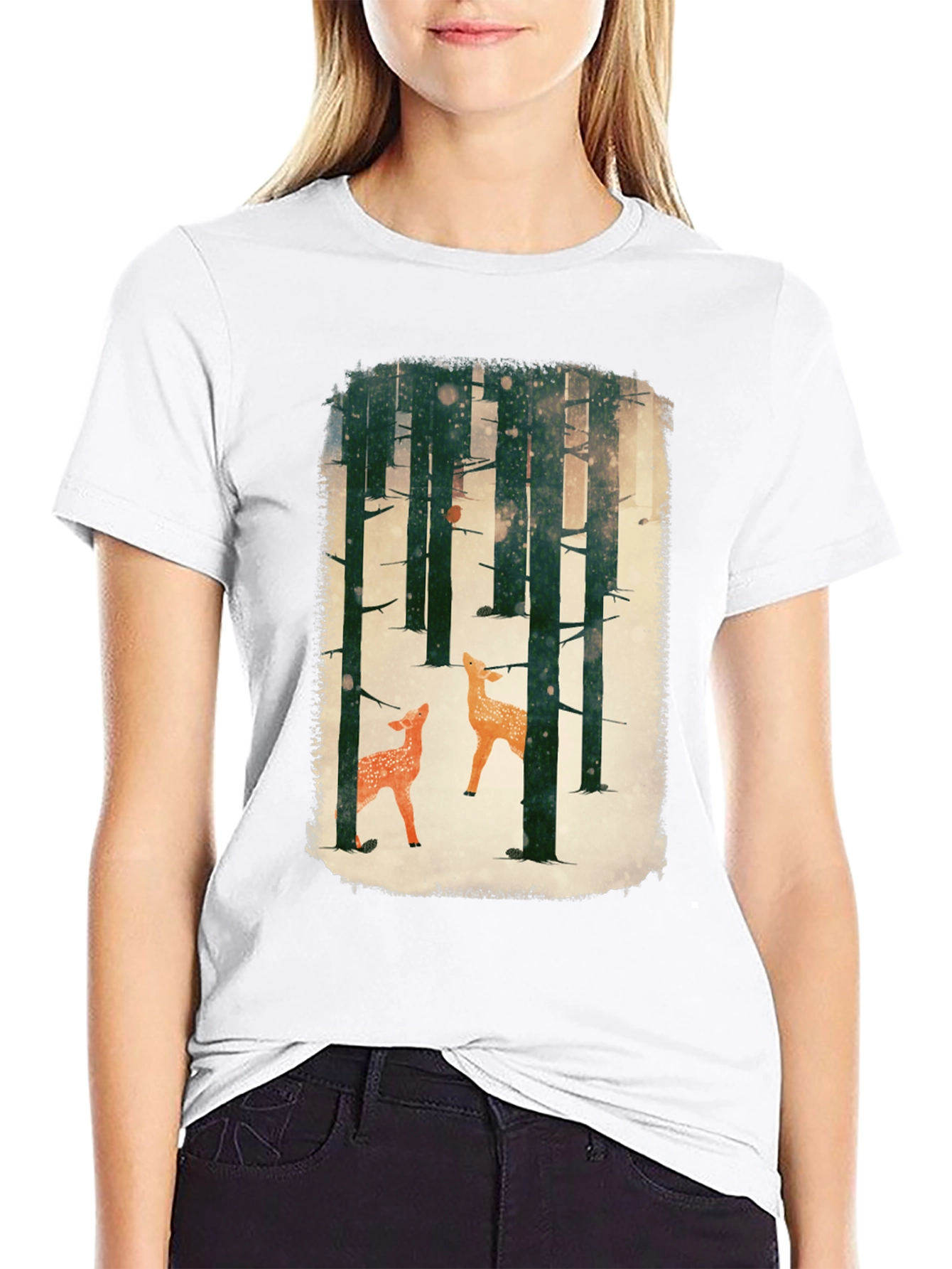 Black Winter Forest Deer Graphic Tee - Black Cotton Blend view 9