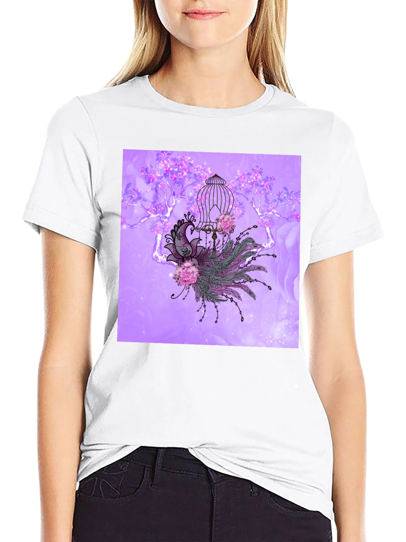 Black Elegant Peacock Cage Graphic T-Shirt view 9