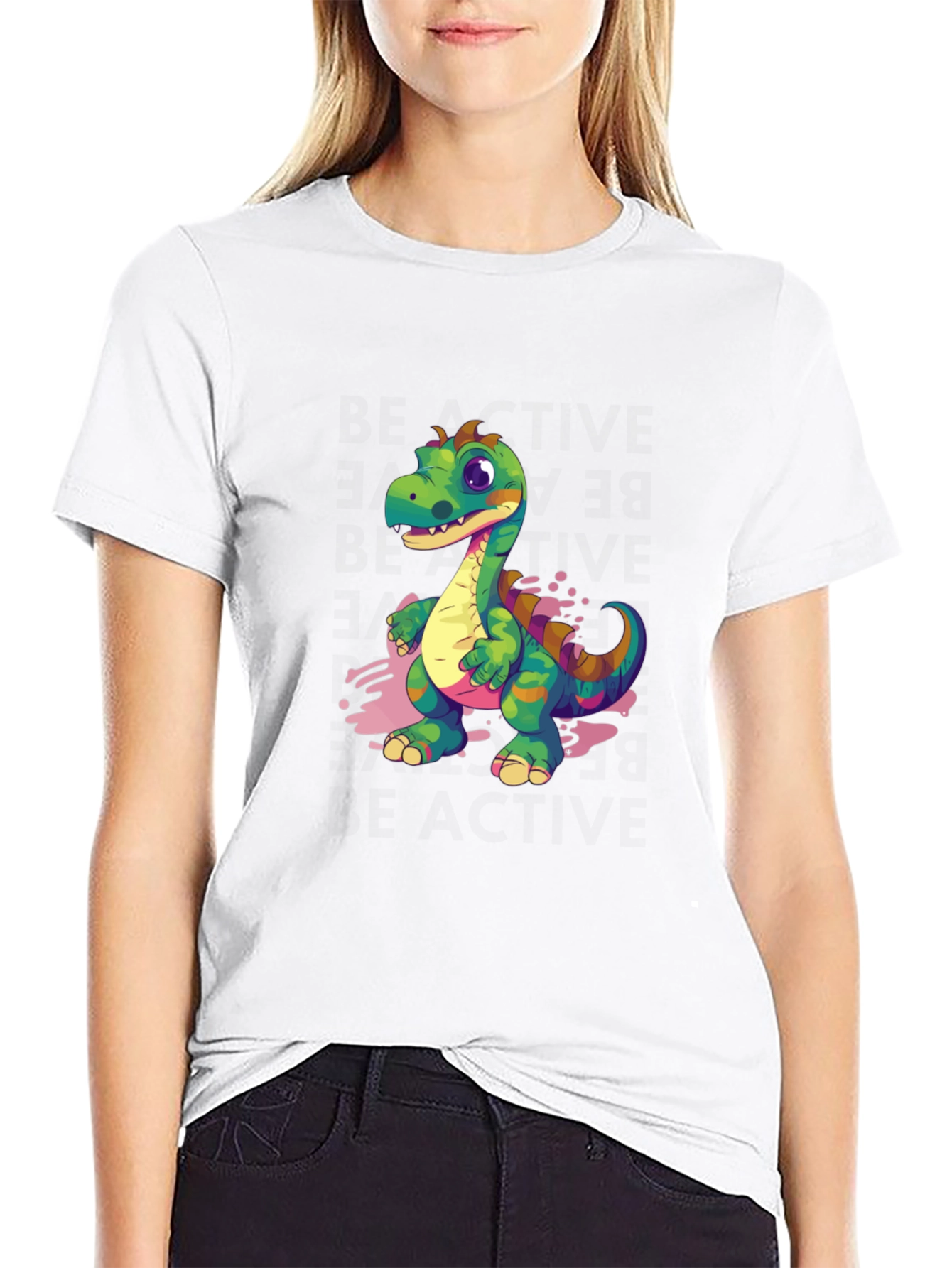 Black Cartoon Dinosaur Graphic Tee - Black view 9