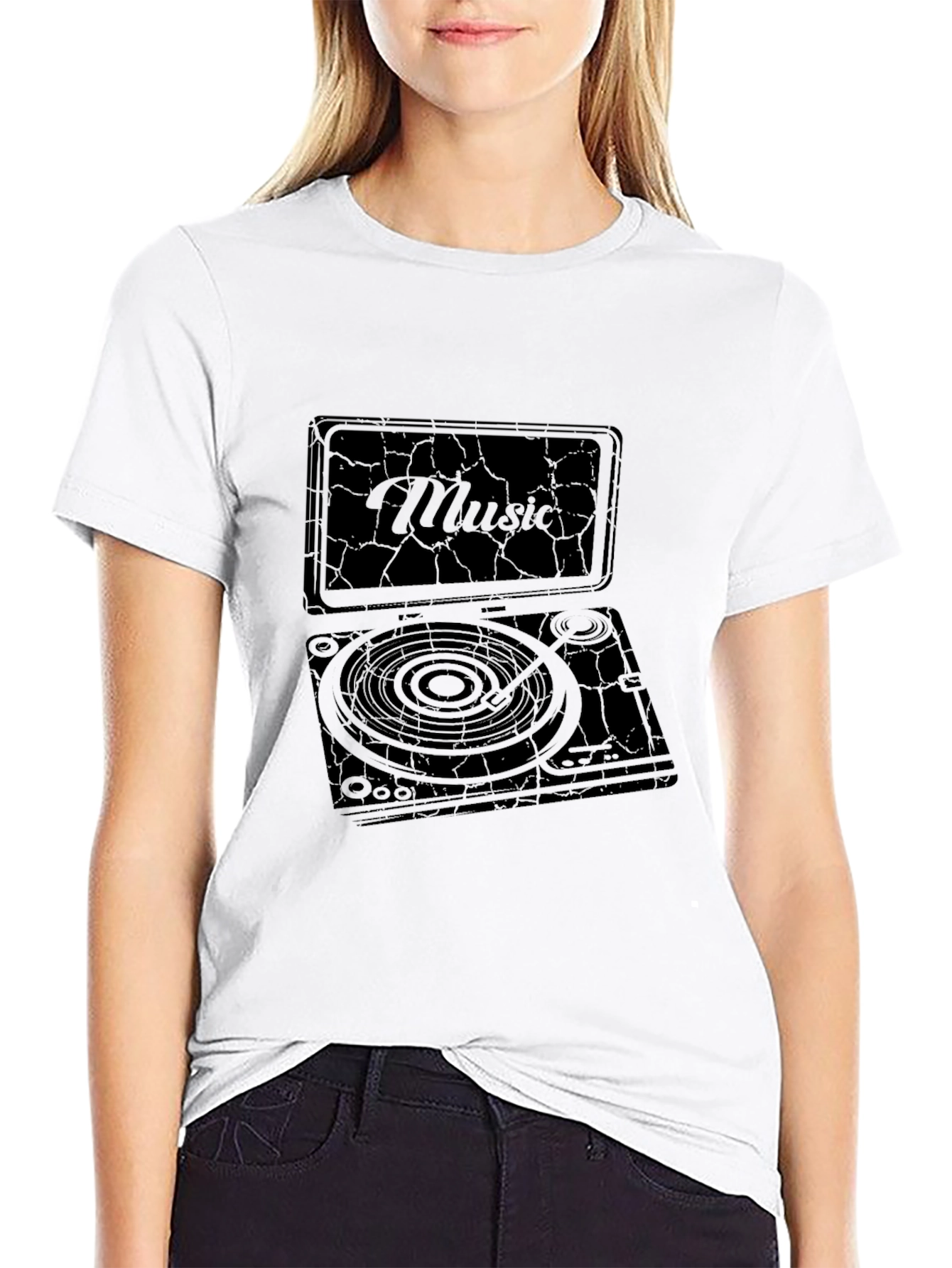 Black Vintage Music Turntable Graphic T-Shirt view 9