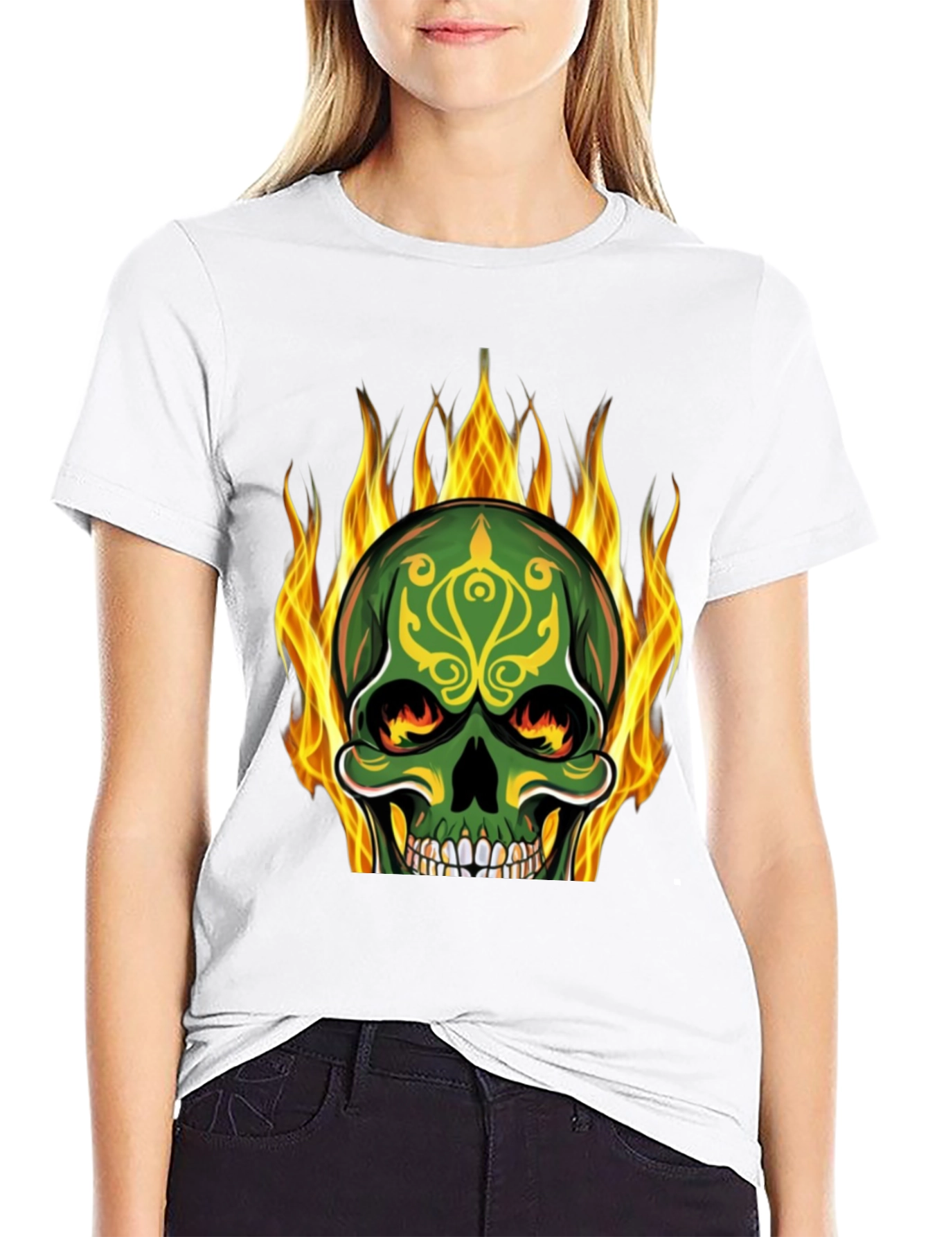 Black Flaming Skull Graphic Tee - Black Cotton T-Shirt view 9