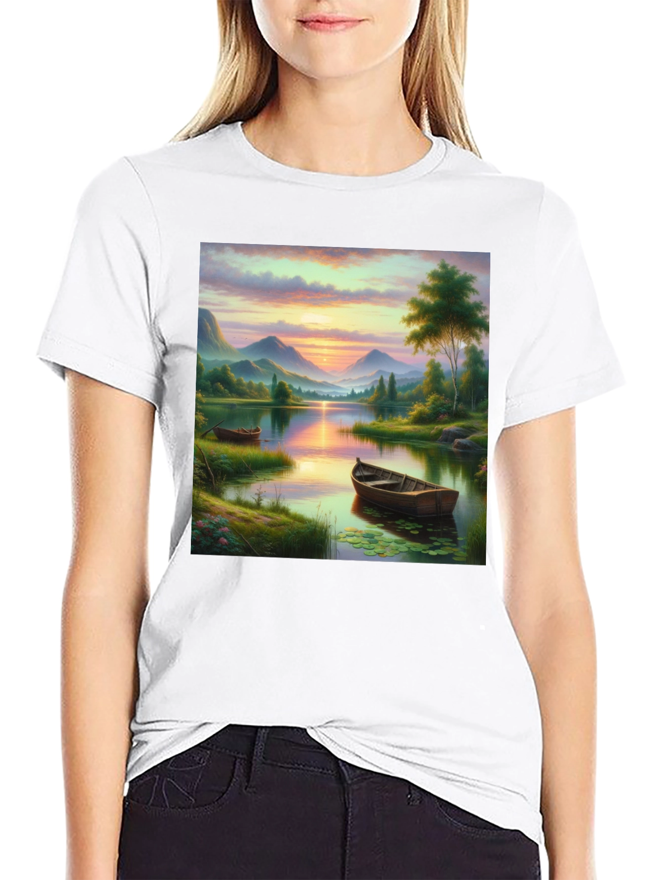 Black Lake Sunset Boat T-Shirt - Artistic Graphic Tee view 9