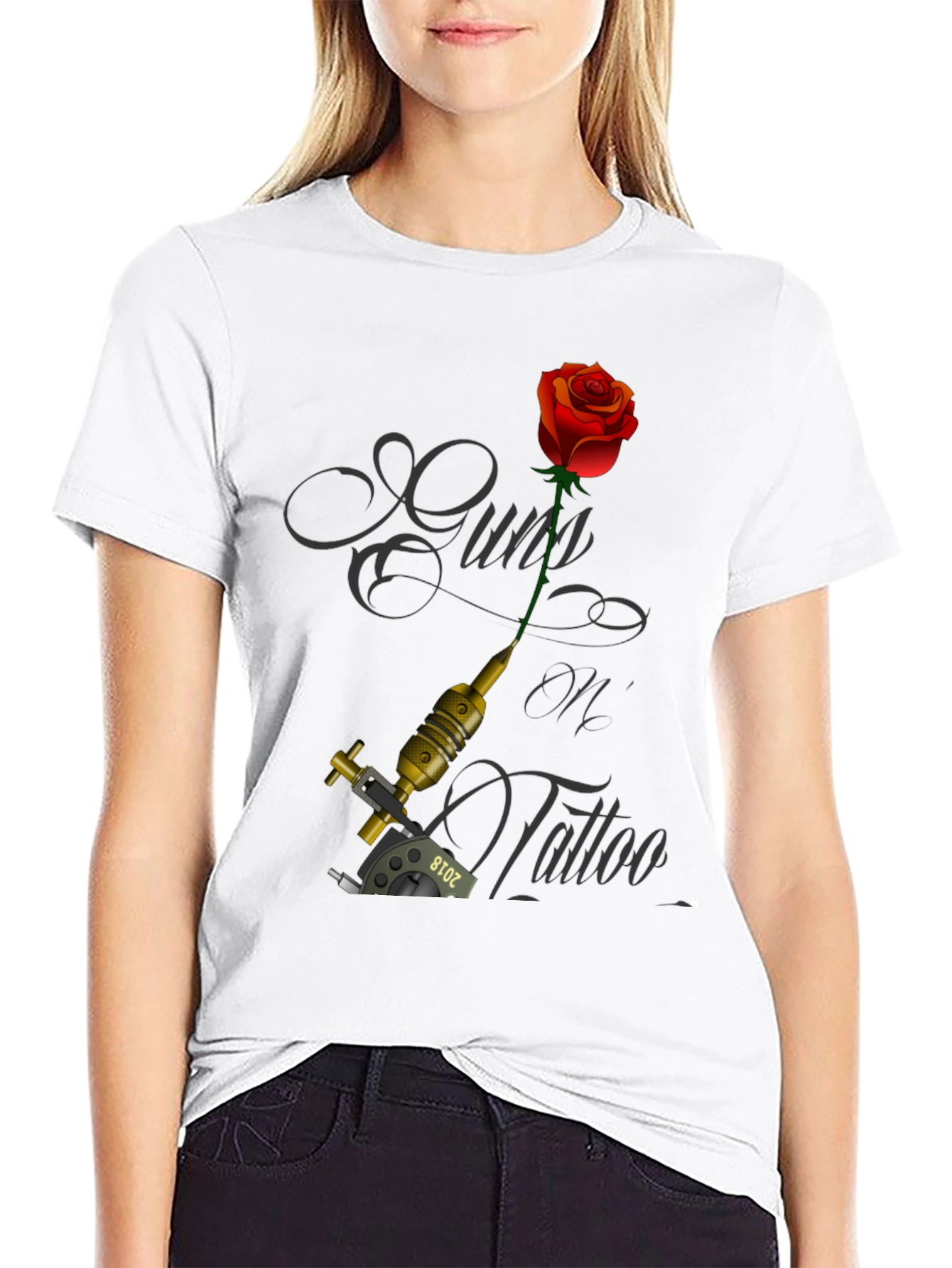 Guns Oil Tattoo Black T-Shirt with Rose and Tattoo Machine - 9