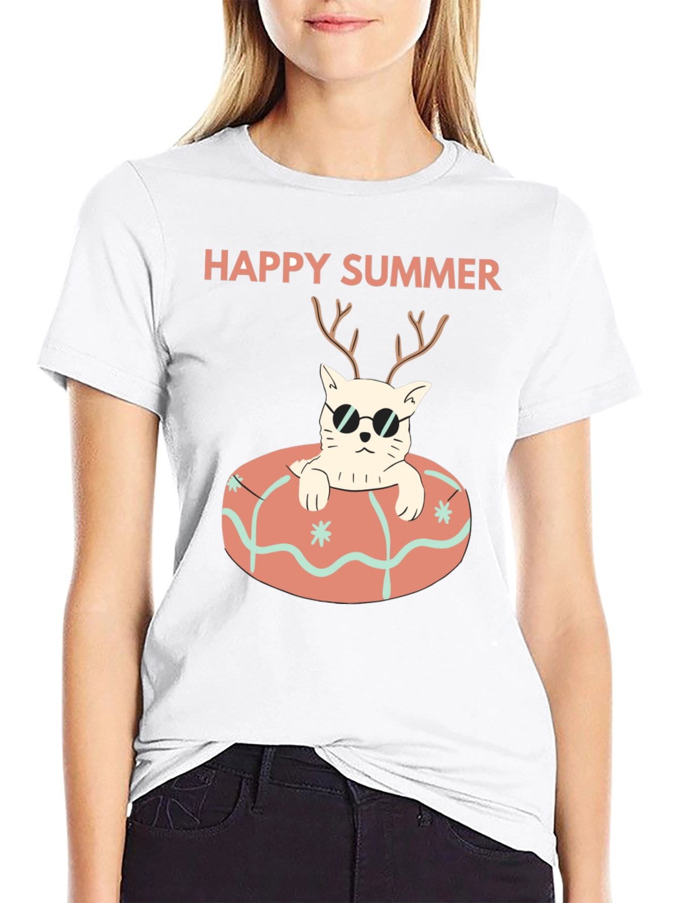 Black Happy Summer Cat T-Shirt - Black Graphic Tee view 9