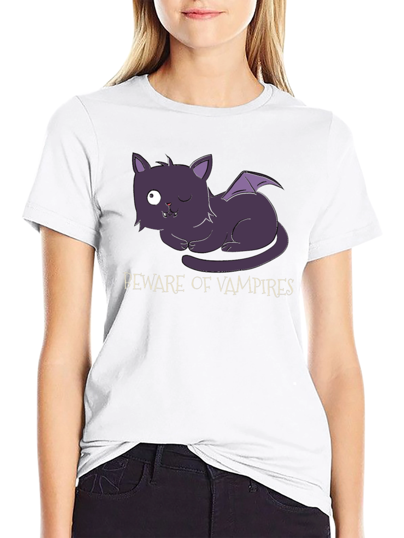 Black Beware of Vampires Cat T-Shirt - Halloween view 9