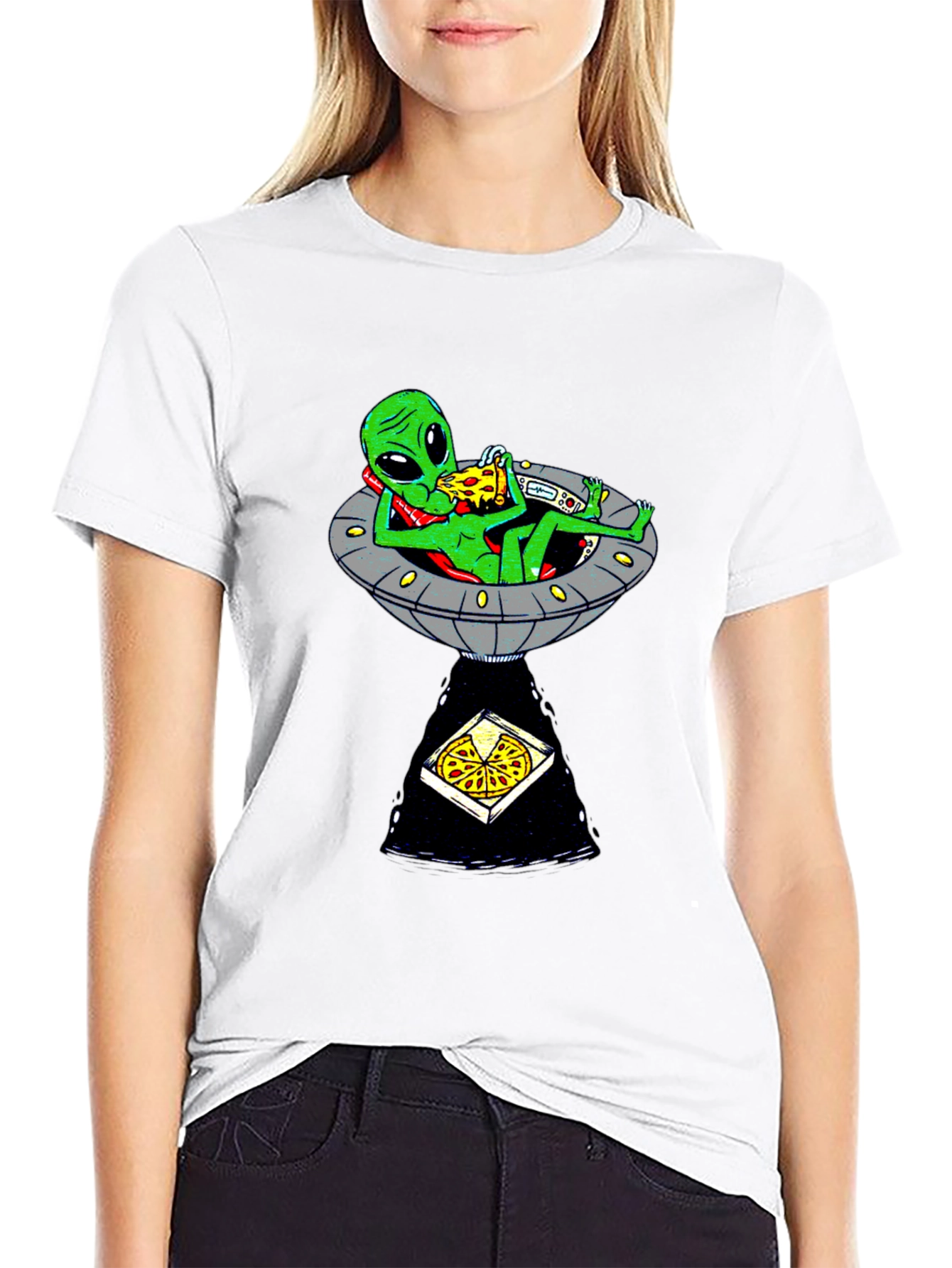 Black Alien Pizza UFO Graphic Tee - Black Cotton T-Shirt view 9