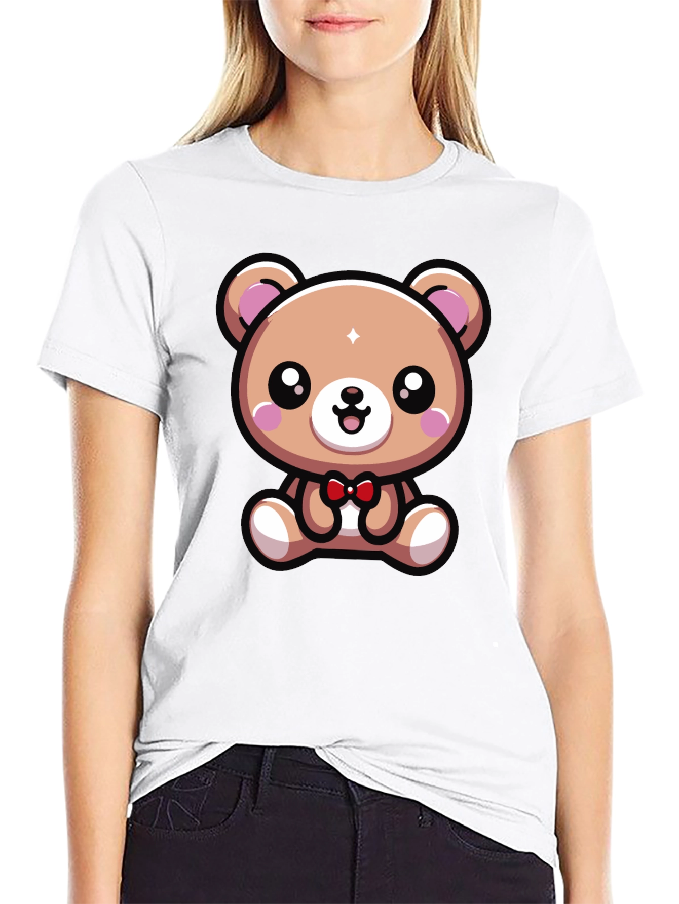 Black Cute Cartoon Bear Graphic Tee - Black view 9