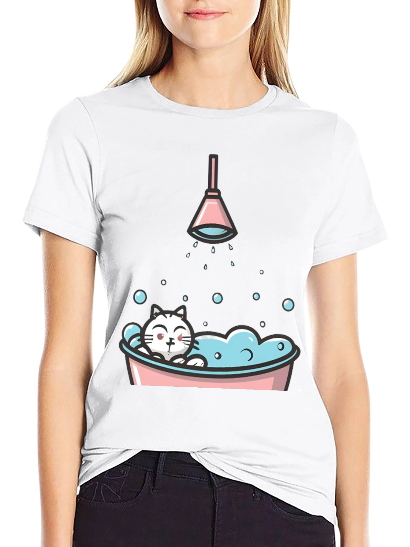 Black Cute Cat in Tub Graphic T-Shirt view 9