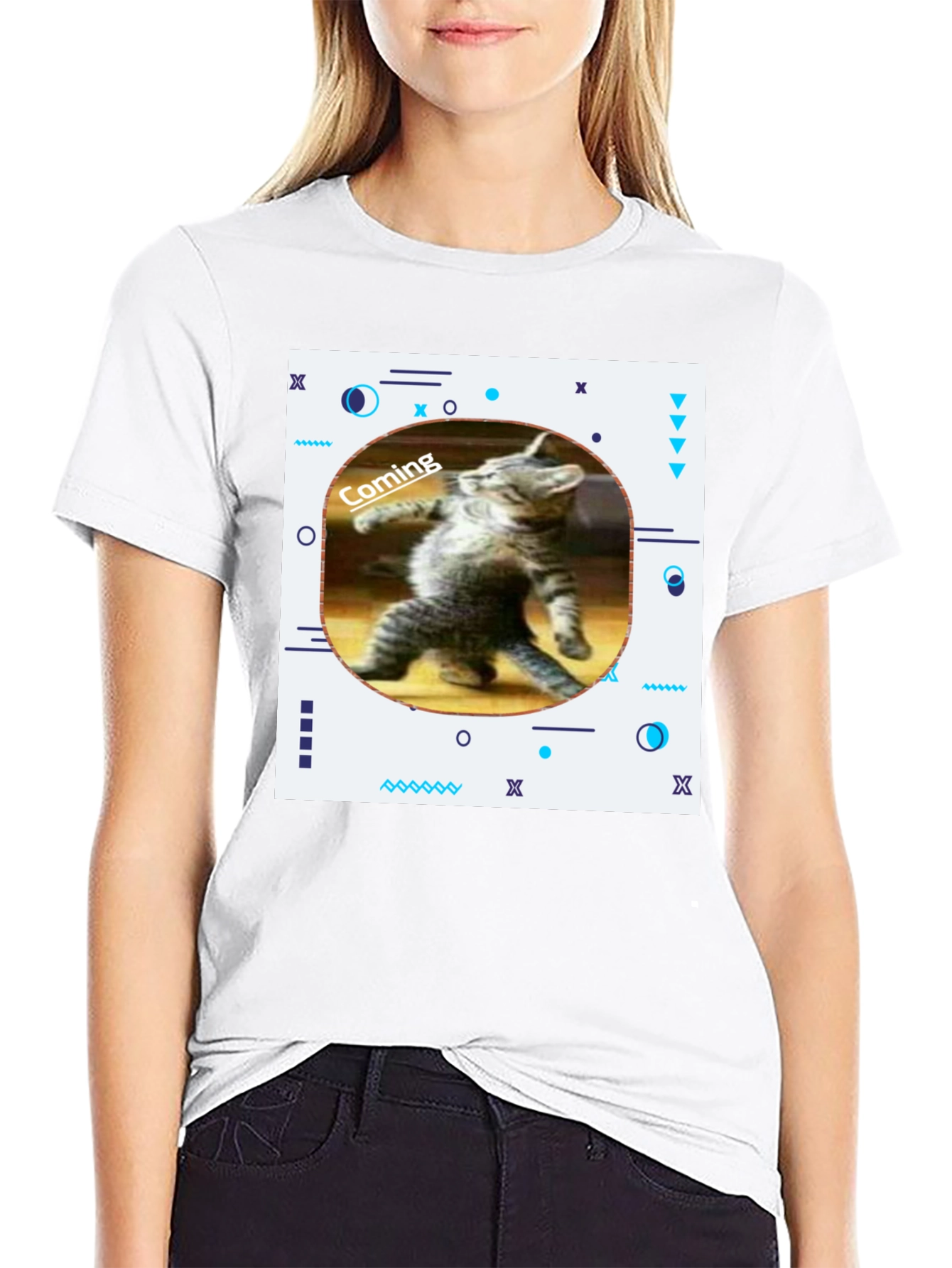 Black Funny Cat Coming T-Shirt - Black view 9