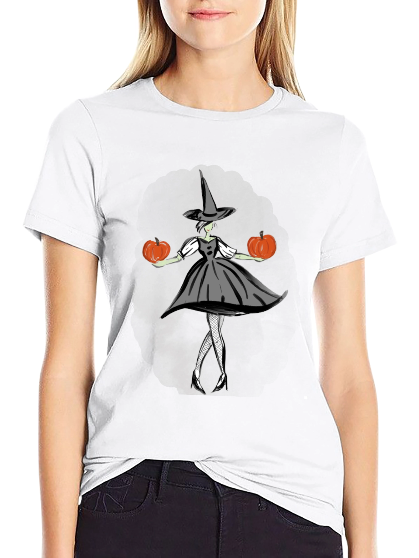 Black Halloween Witch T-Shirt - Pumpkin Design view 9