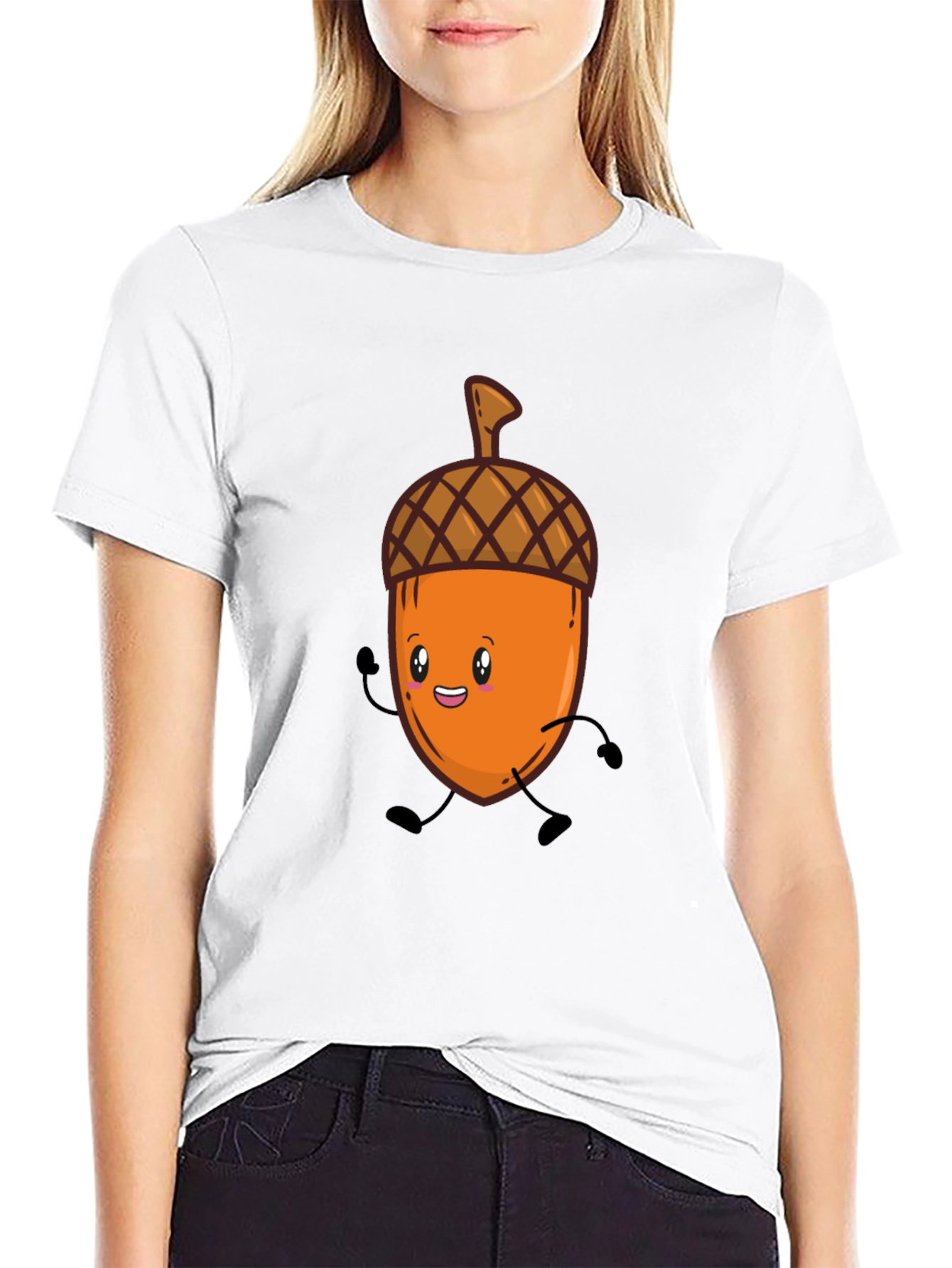 Black Cute Cartoon Acorn T-Shirt - Black, Unisex view 9