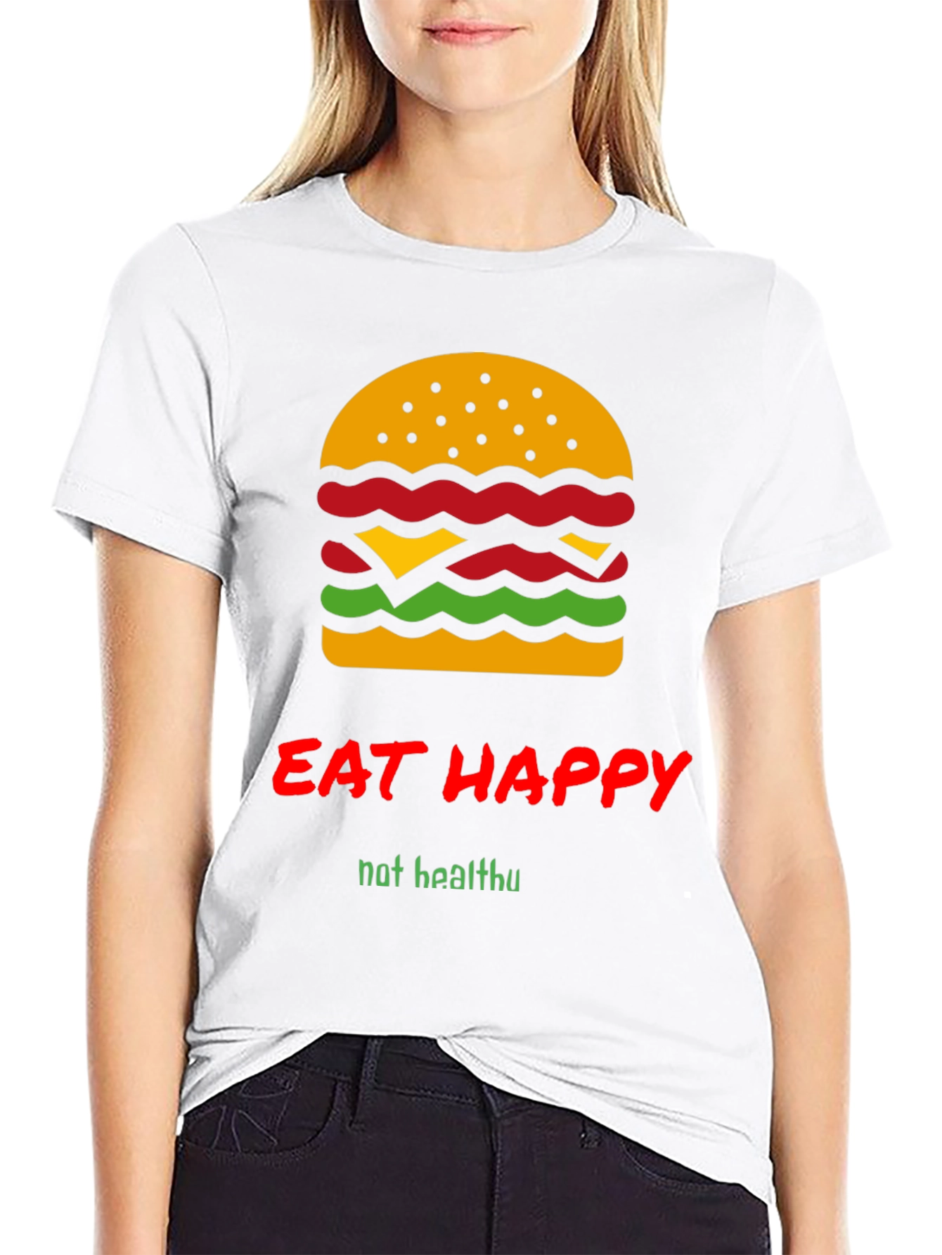 Black Eat Happy Burger Graphic Tee - Black Crew Neck T-Shirt view 9