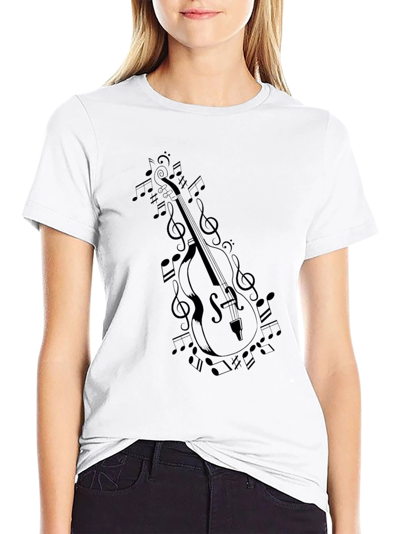 Black Musician's Black T-Shirt with Cello and Music Notes Design view 9