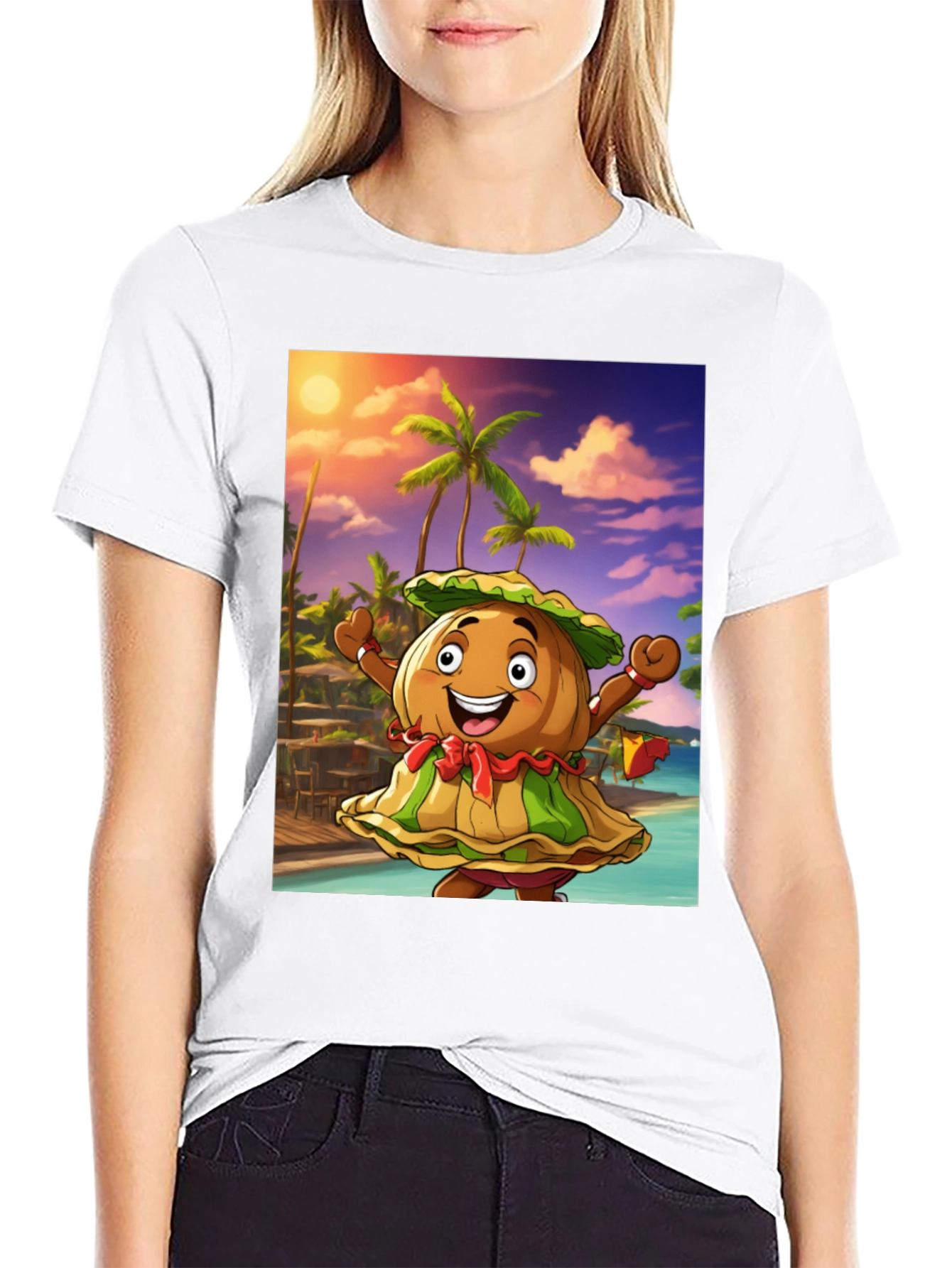 Black Tropical Cartoon Print Black T-Shirt view 9