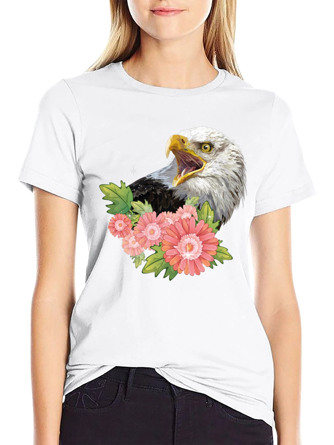 Black Eagle and Floral Graphic Print T-Shirt view 9