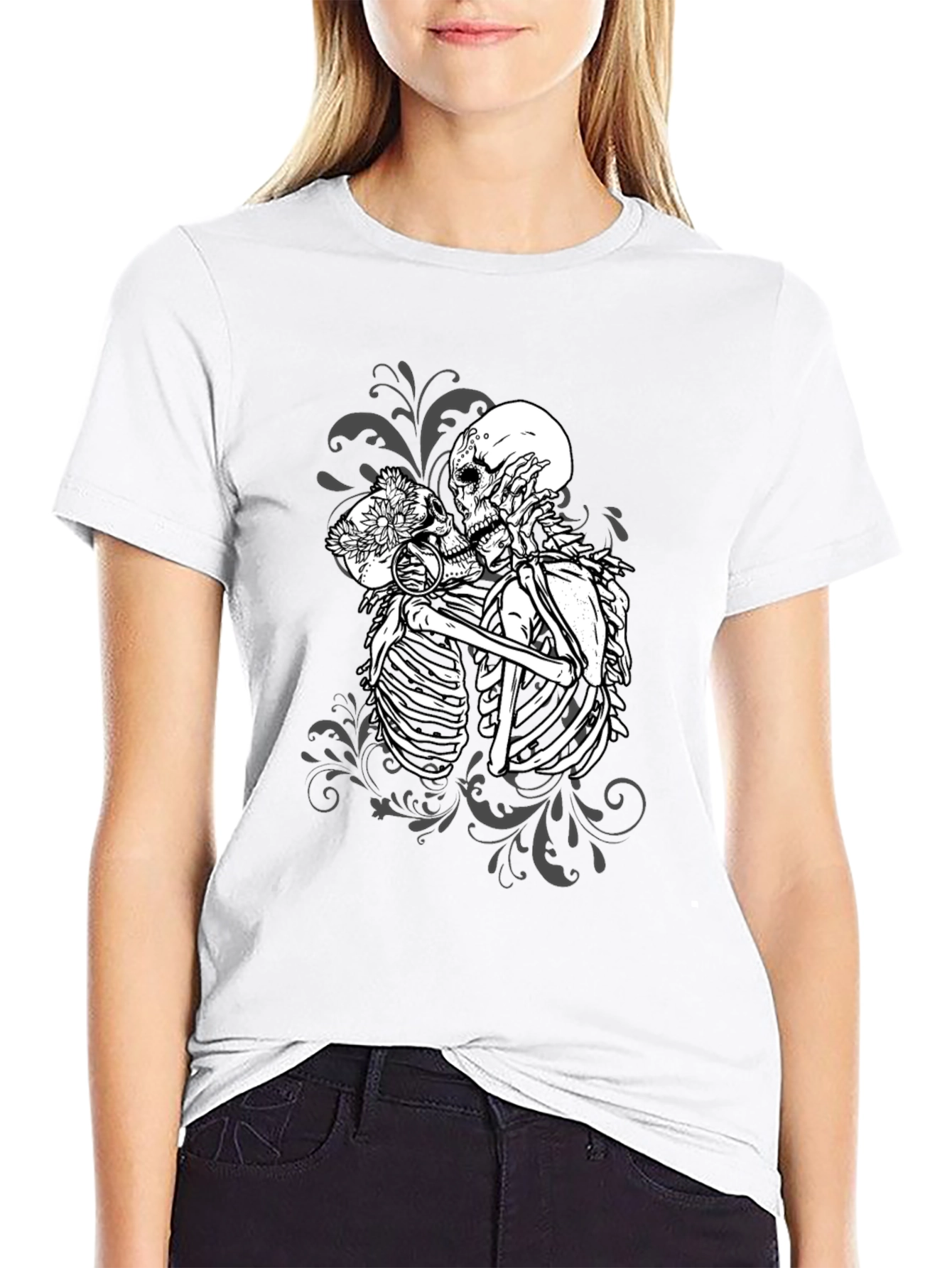 Black Kissing Skeletons Graphic Tee - Gothic Romance T-Shirt view 9