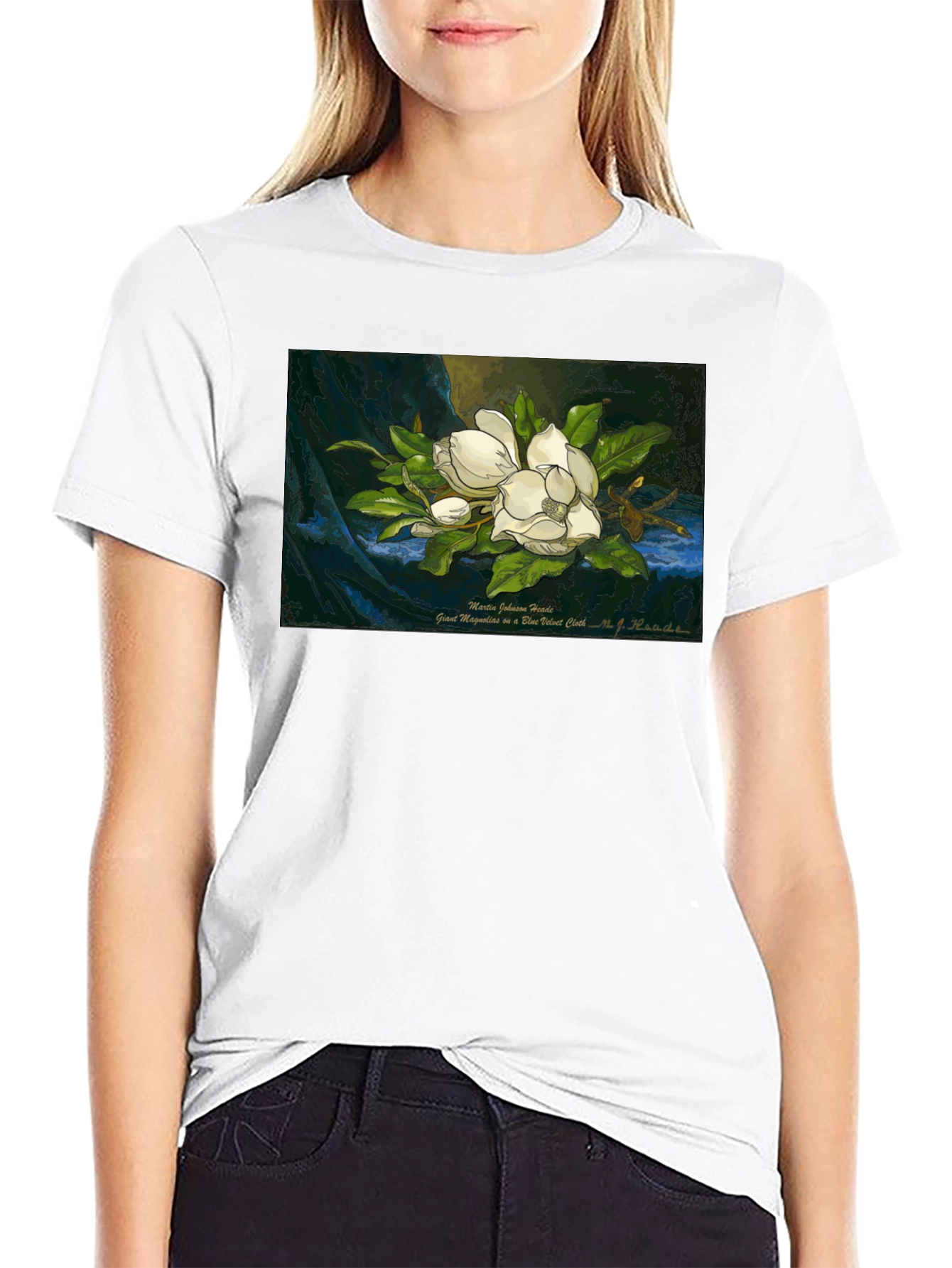 Black Magnolia Art Print T-Shirt - Elegant Floral Design view 9