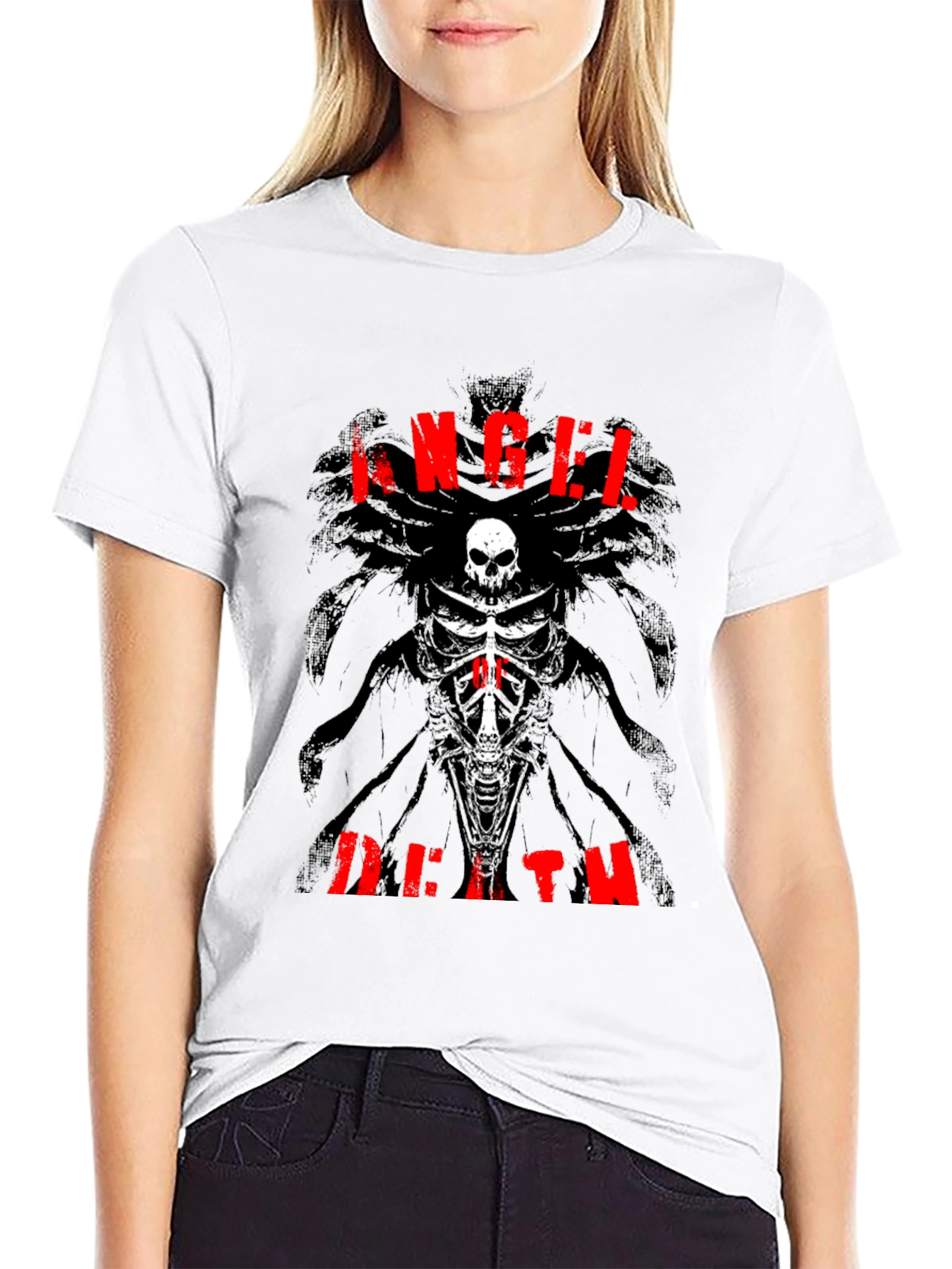 Black Angel Death Graphic T-Shirt - Skull & Bones Design view 9