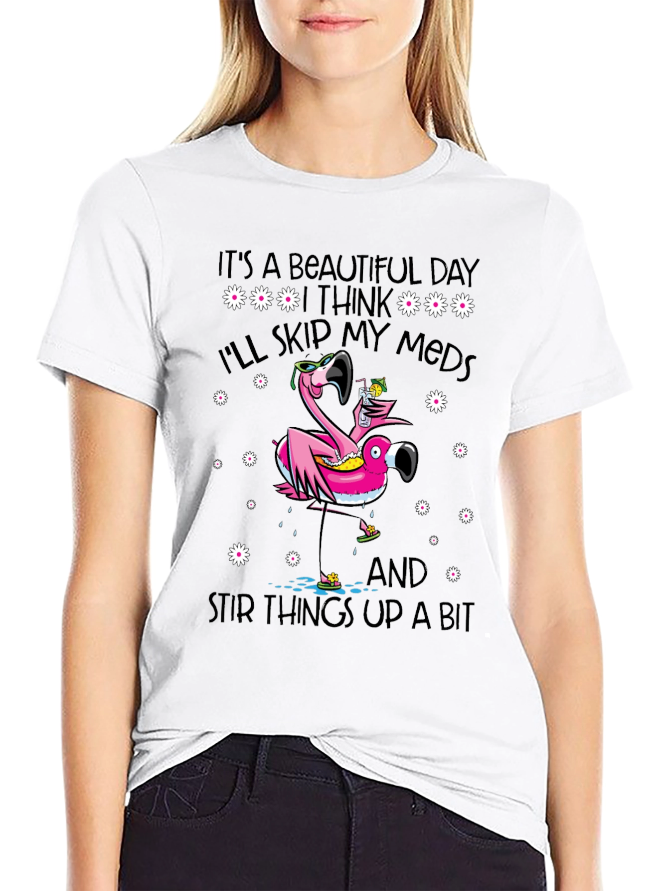 Black It's a Beautiful Day Funny Flamingo Graphic Tee view 9