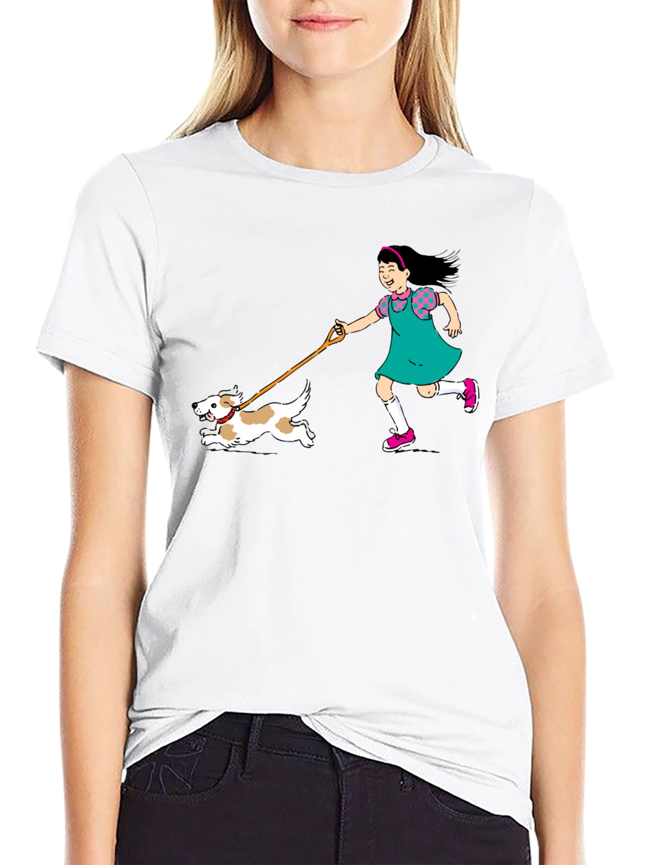 Black Girl Walking Dog Graphic Tee - Unisex Black T-Shirt view 9