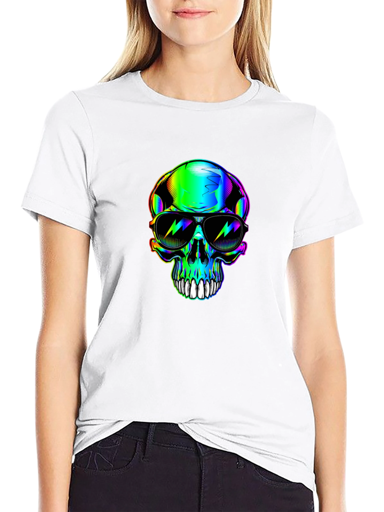 Black Rainbow Skull Sunglasses Graphic Black T-Shirt view 9