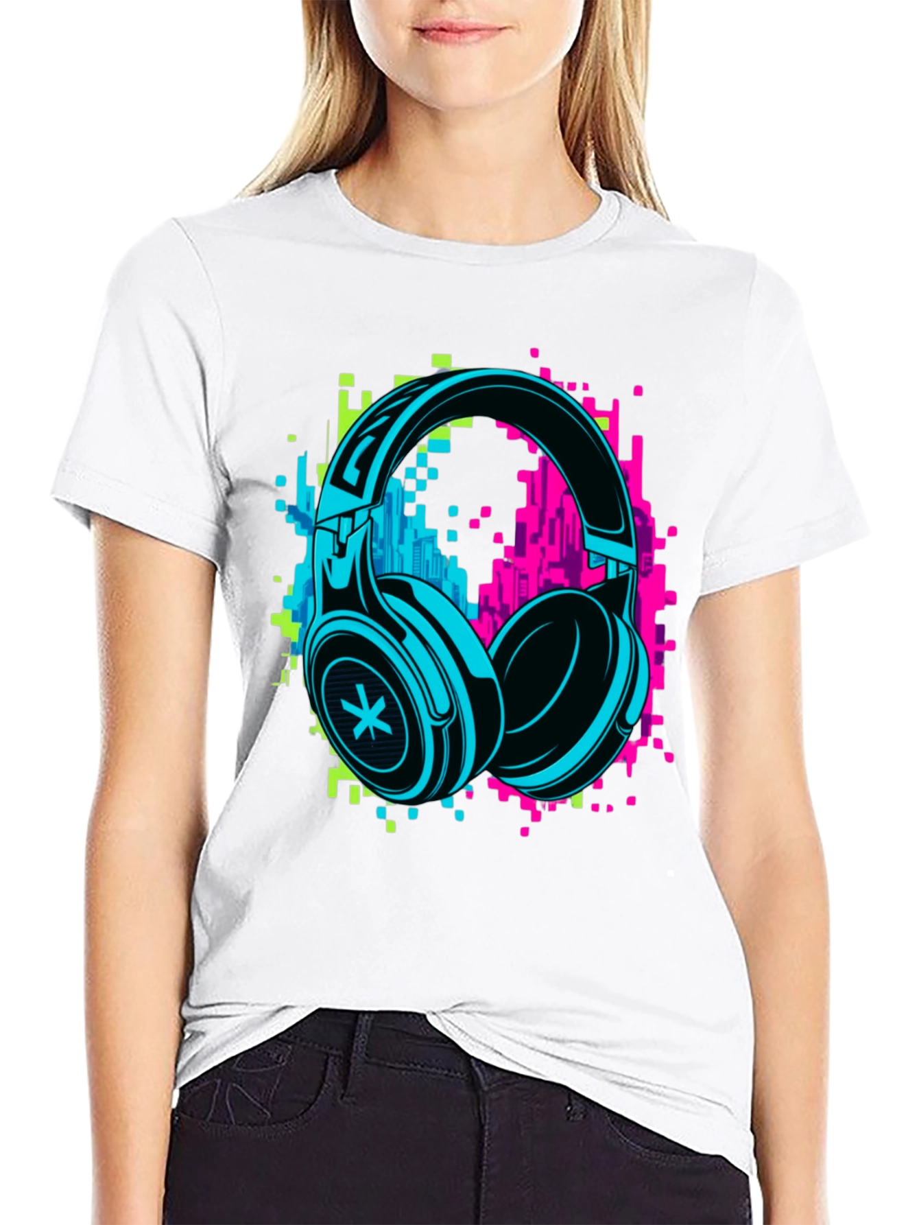 Black Neon Headphones Graphic Black T-Shirt view 9
