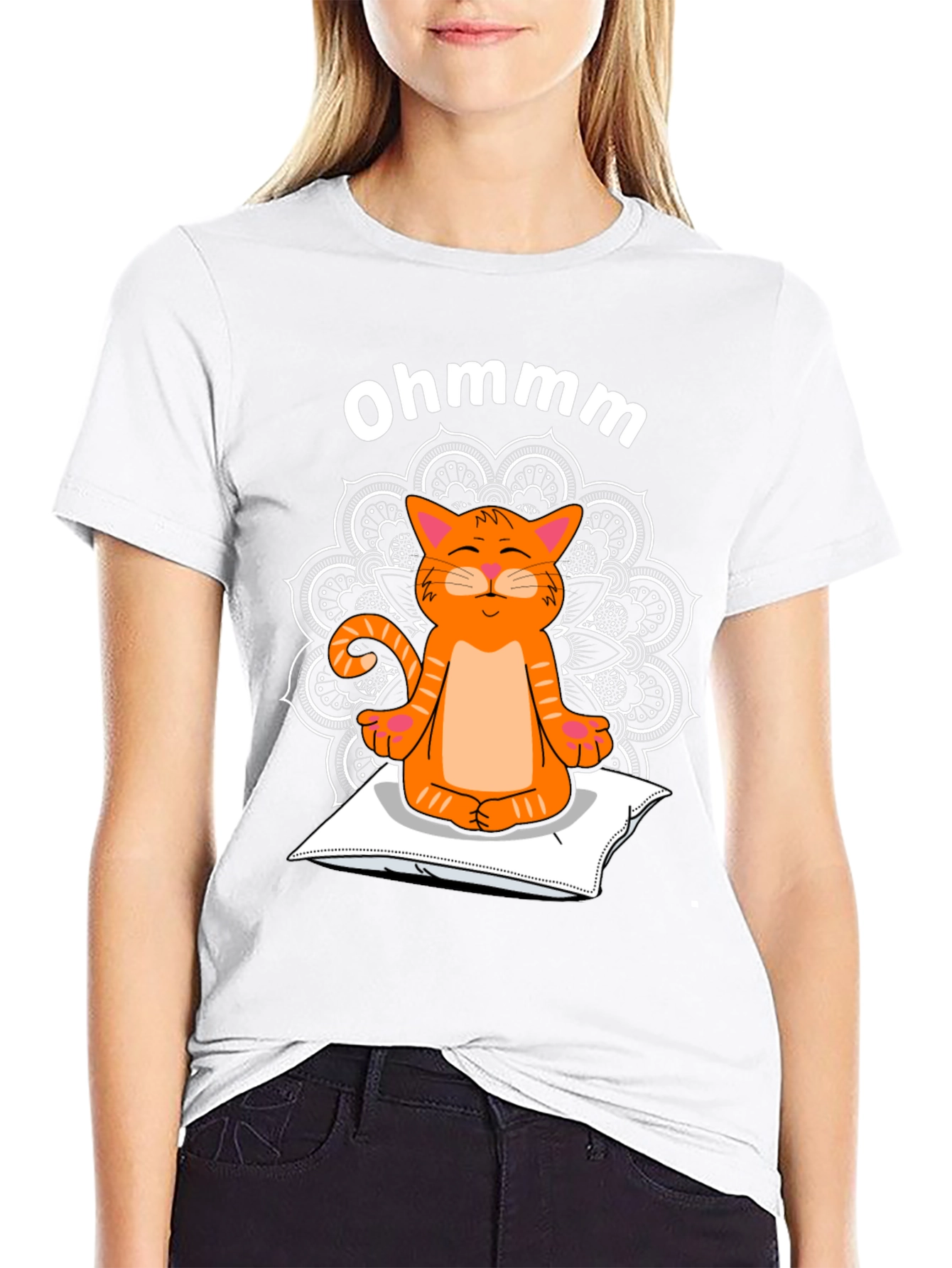 Black Ohmmm Cat Yoga T-Shirt - Meditating Feline Tee view 9