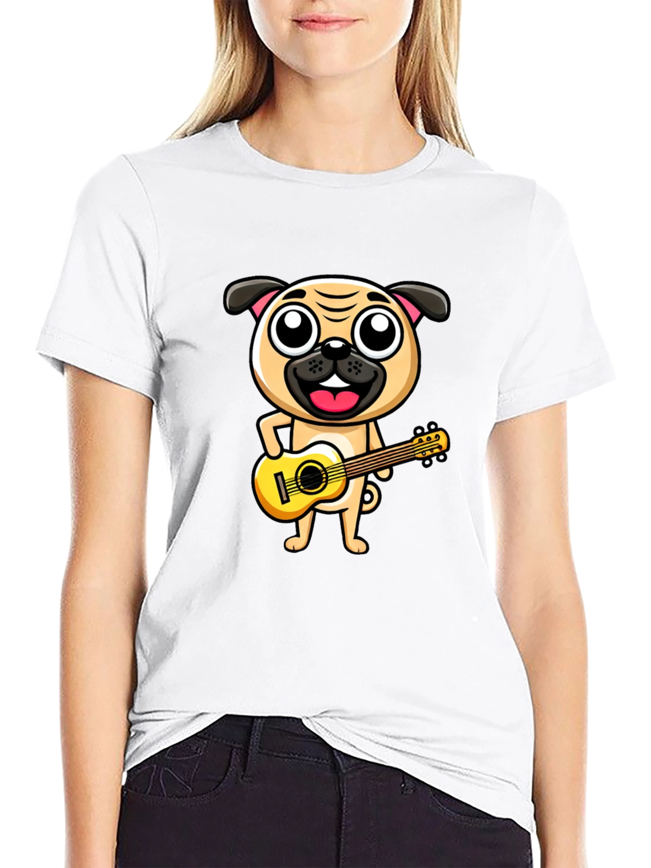 Black Pug Playing Guitar T-Shirt - Black Cotton Tee view 9