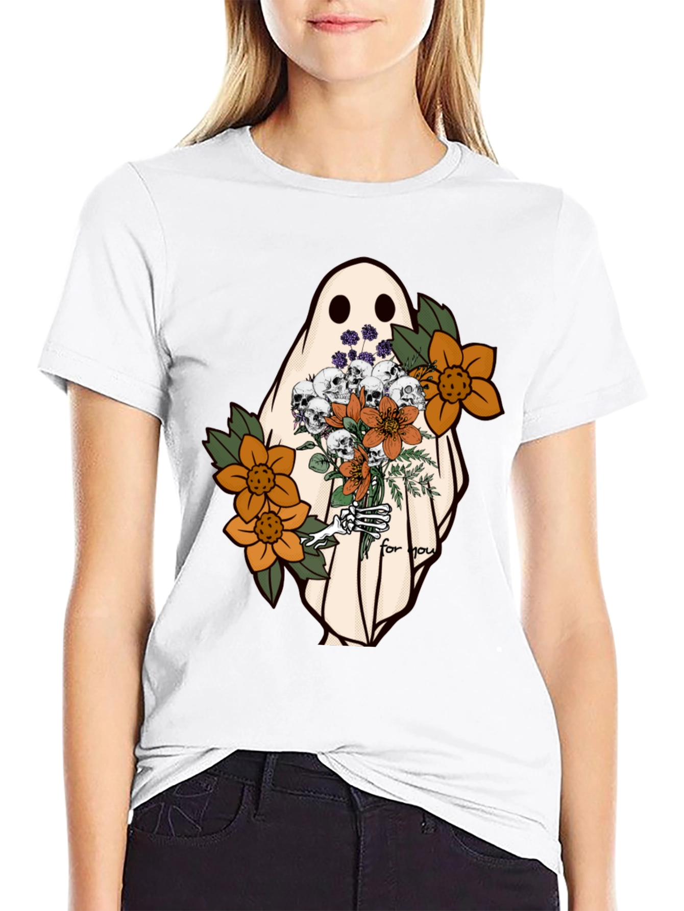 Black Ghost with Flowers Graphic Tee - Unisex Soft Cotton view 9