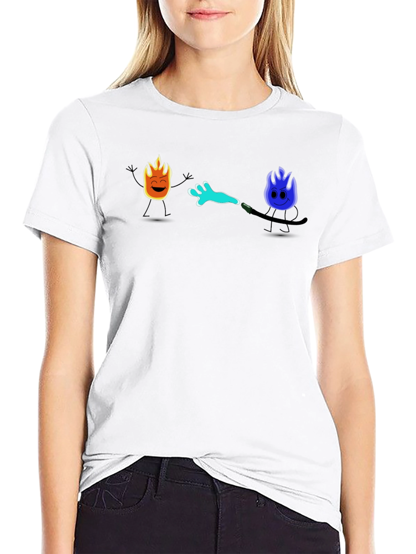 Black Cool Cartoon Fire & Water T-Shirt view 9