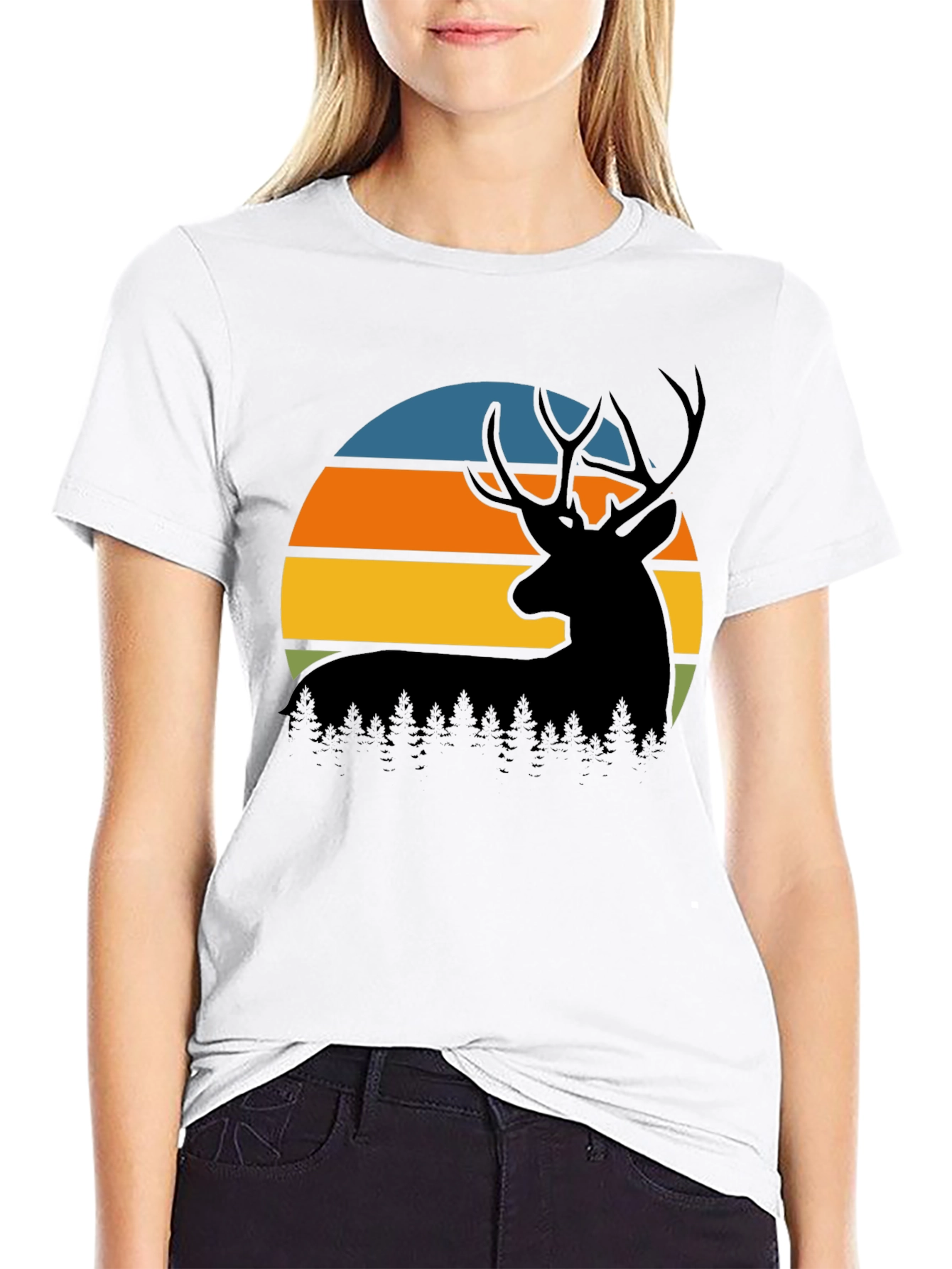 Black Retro Deer Sunset Graphic T-Shirt view 9