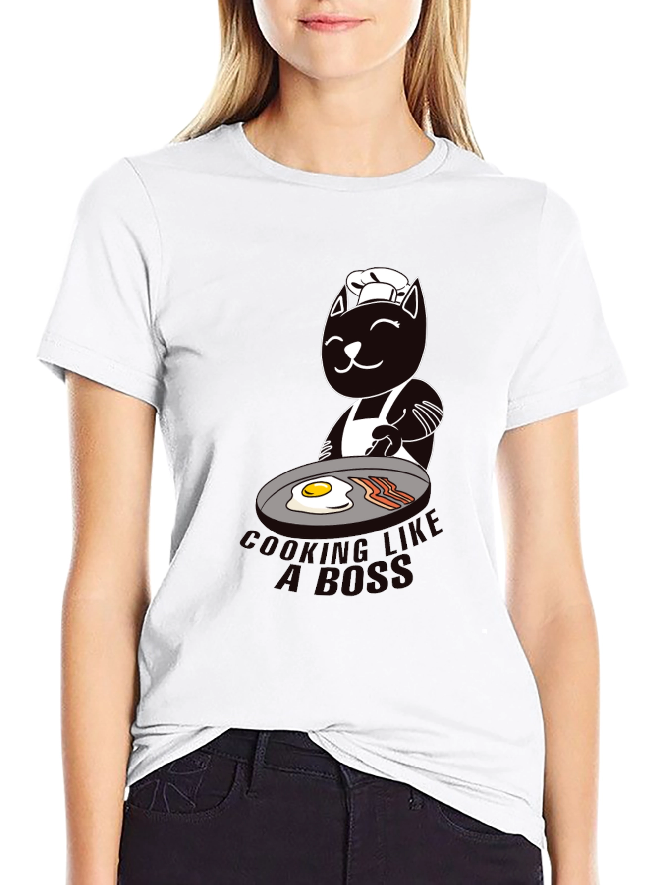 Black Chef Cat Cooking Breakfast Graphic T-Shirt view 9