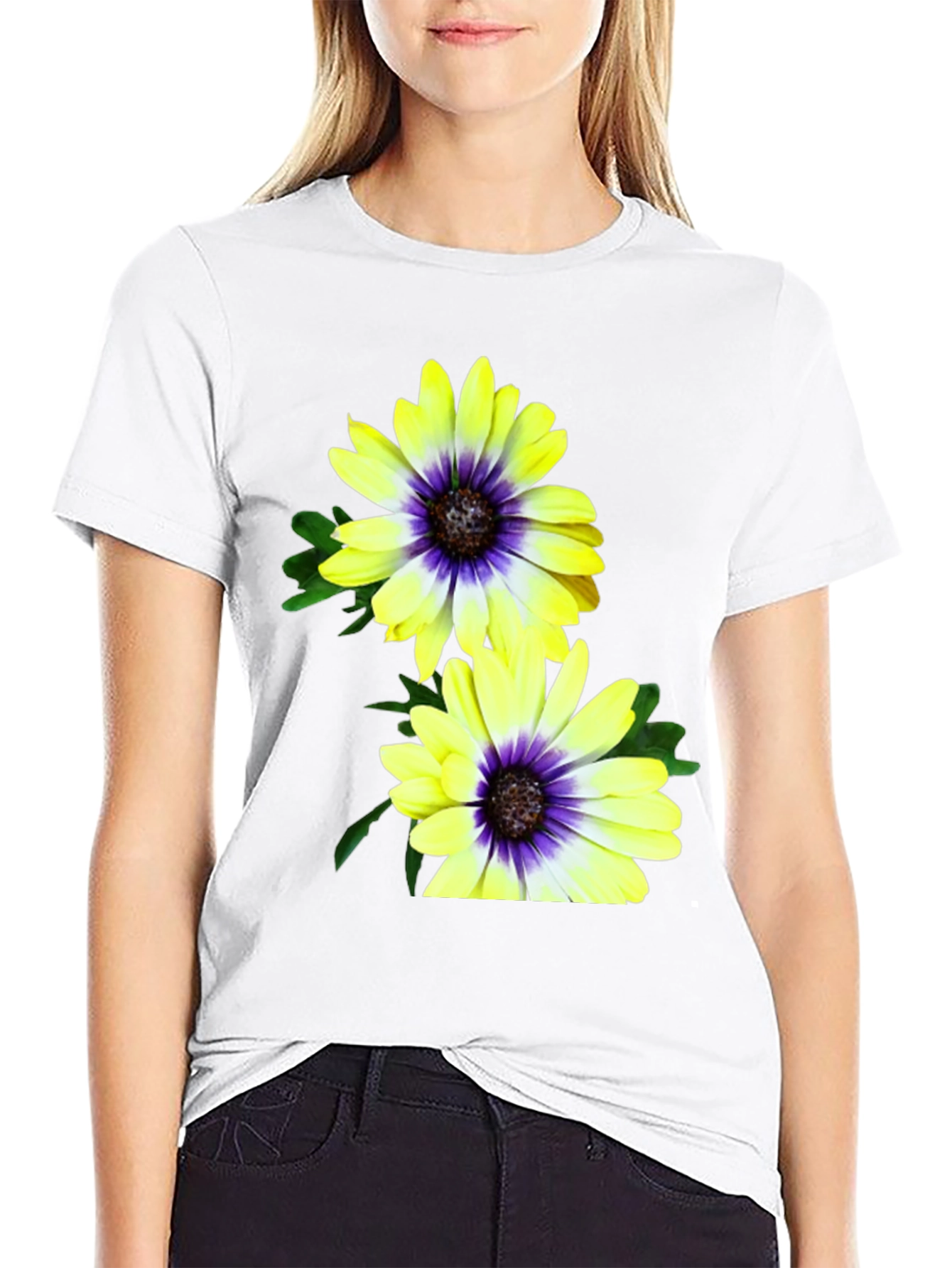Black Floral T-Shirt: Yellow & Purple Daisy Print view 9