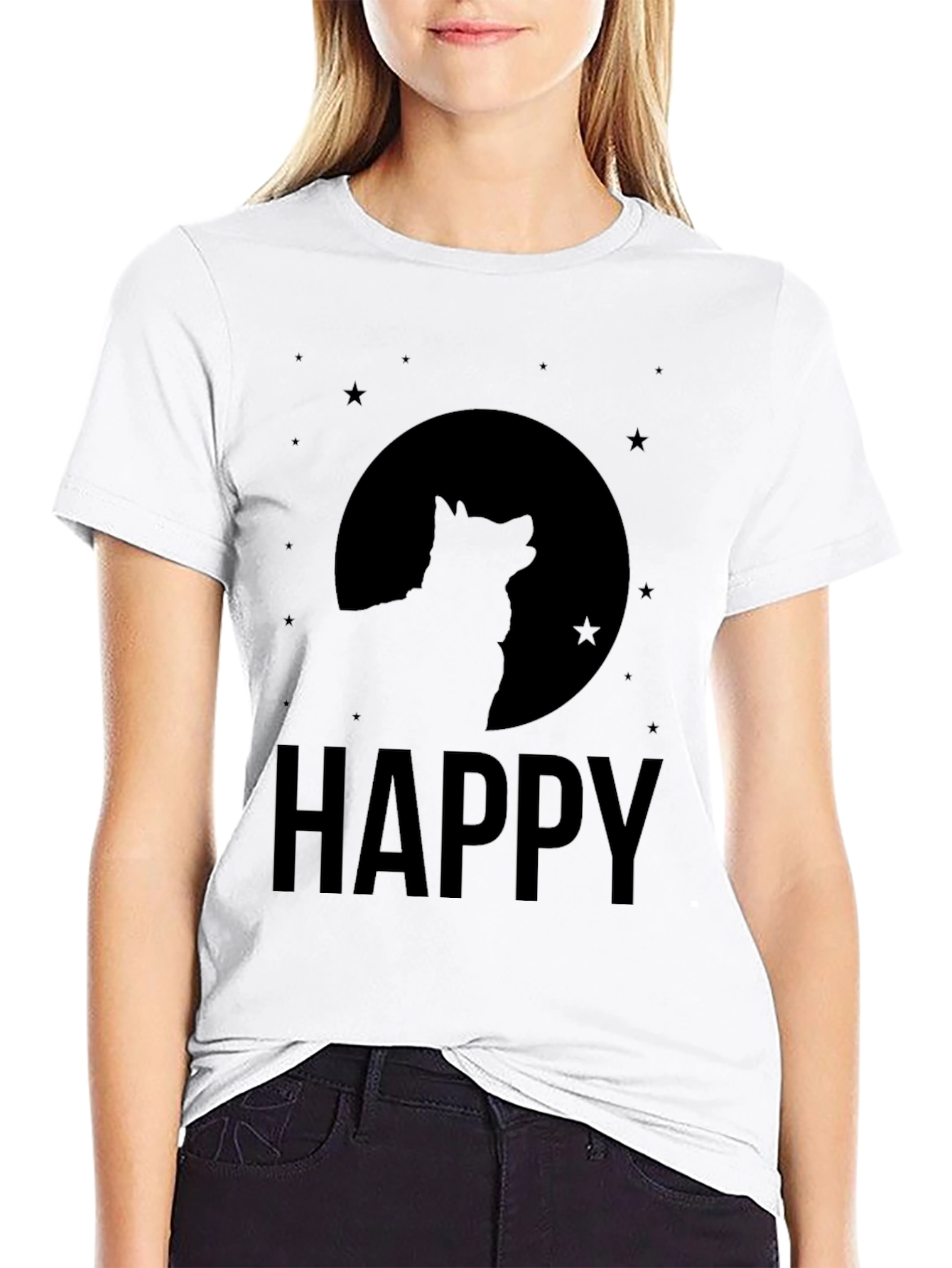 Black Happy Wolf Moon Graphic Tee - Black Cotton Blend Shirt view 9