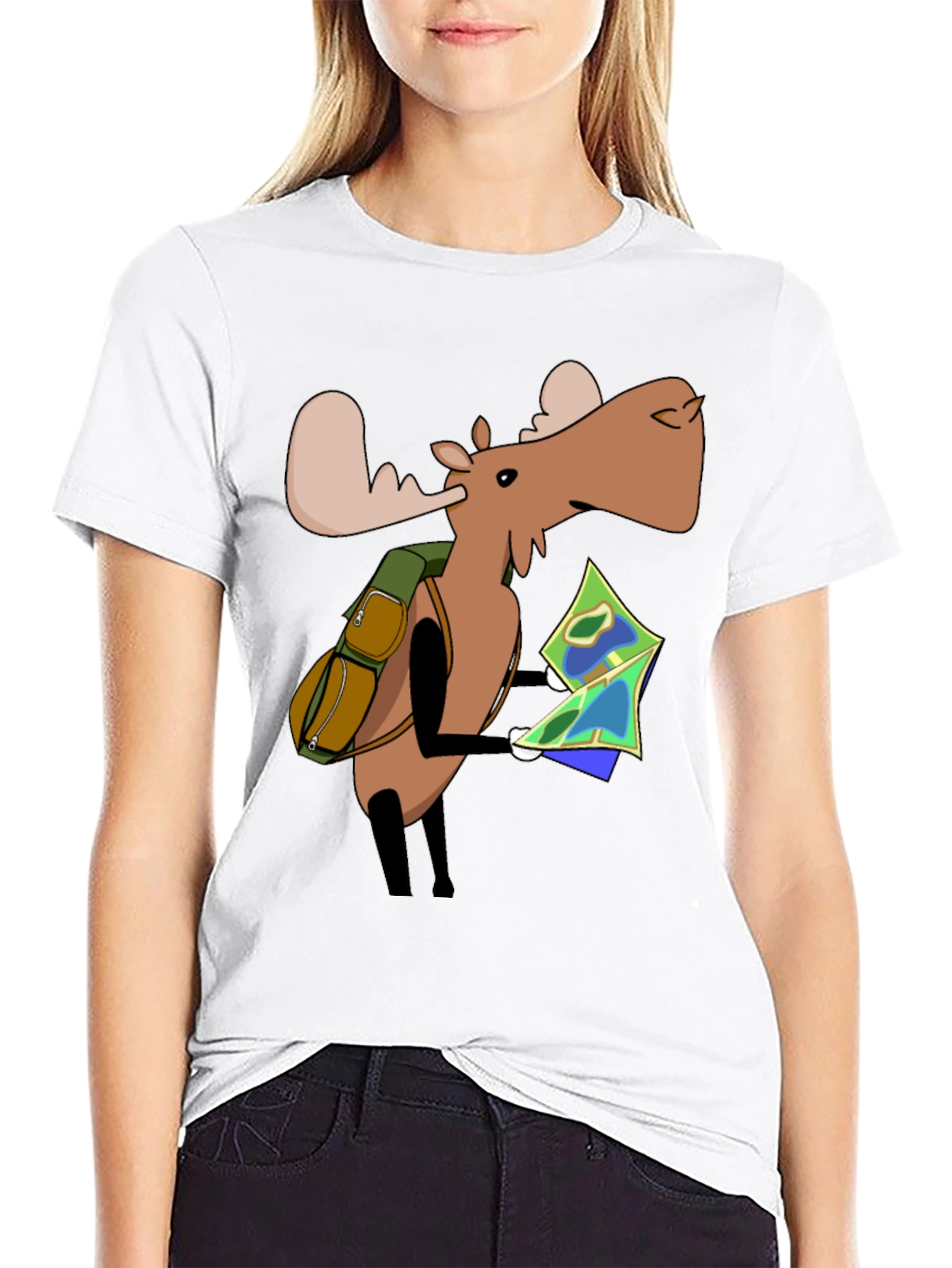 Black Cartoon Moose with Map T-Shirt - Black view 9