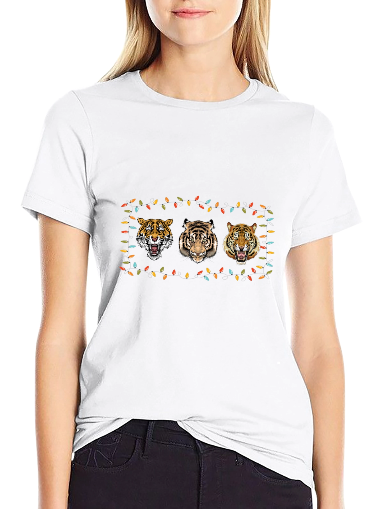 Black Tiger Trio Christmas Lights T-Shirt - Black view 9