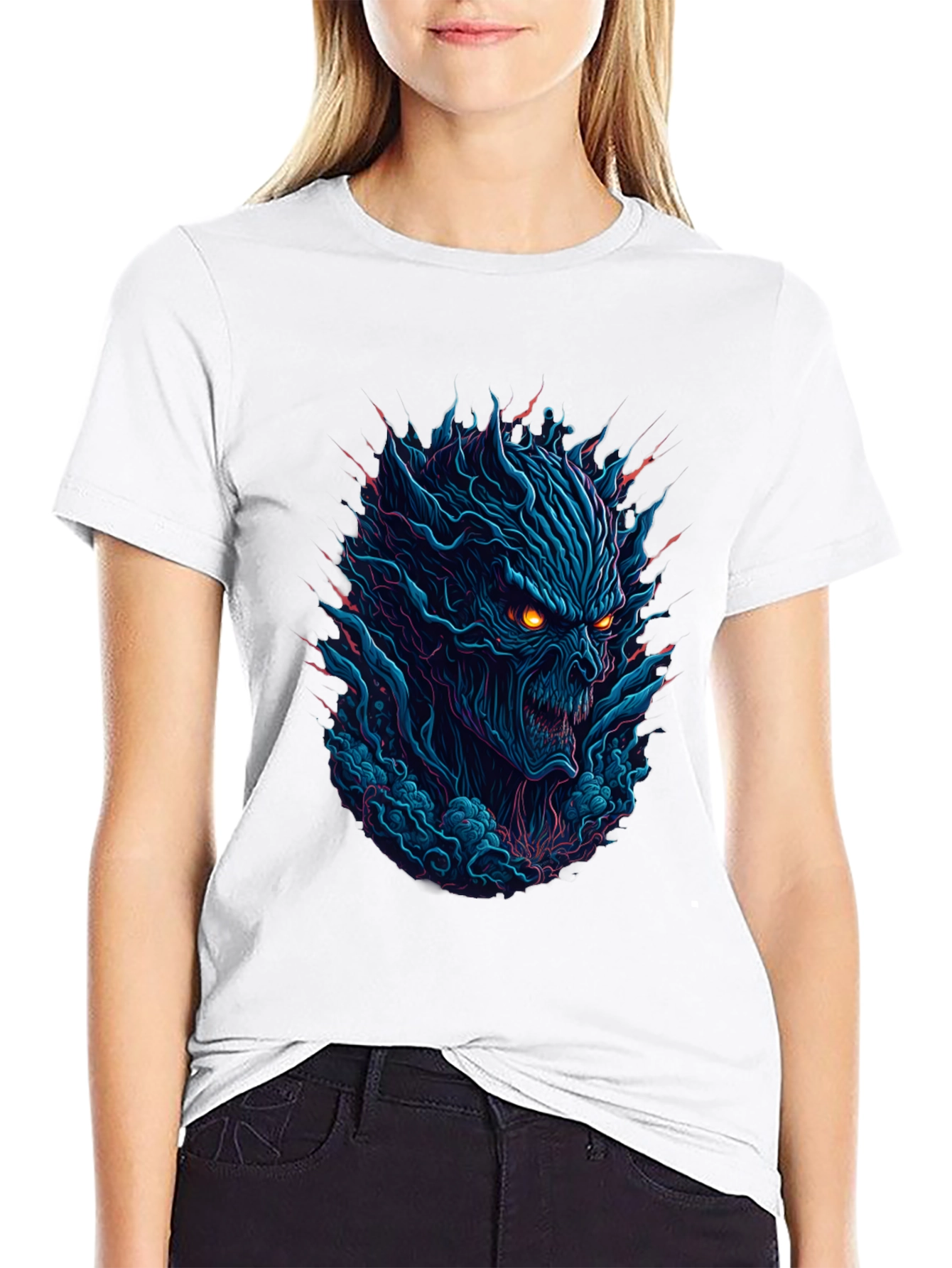 Black Men's Black T-Shirt with Fiery Monster Graphic view 9
