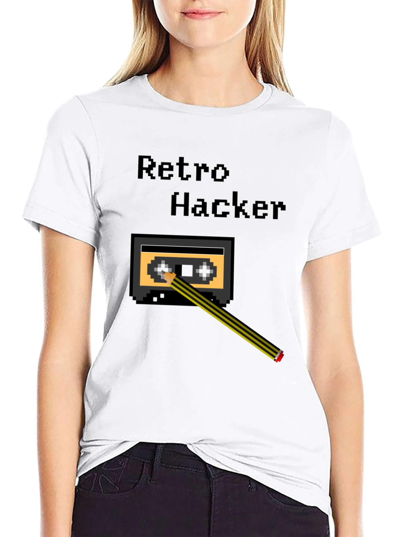 Black Retro Hacker Pixel Art T-Shirt - Cassette and Pencil Design view 9