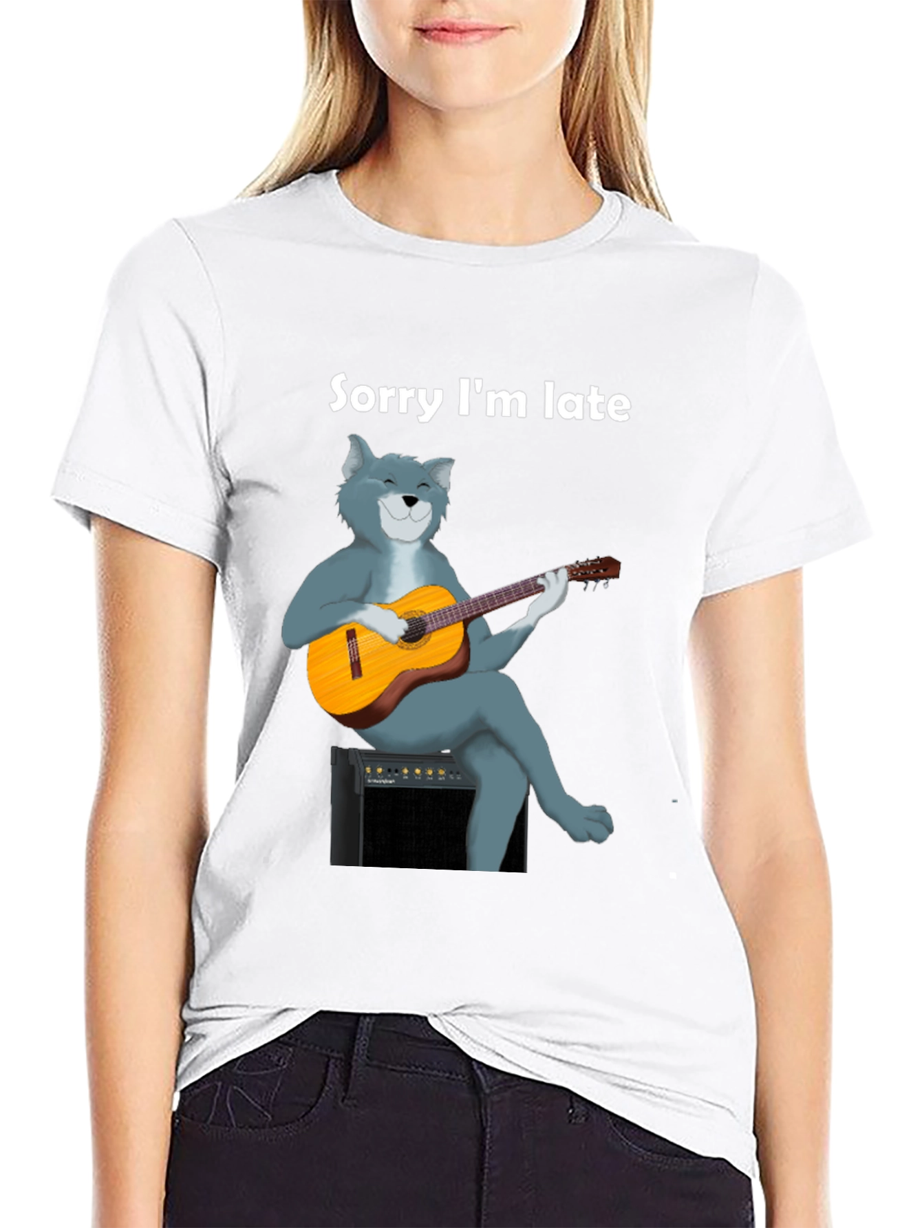 Black Sorry I'm Late Cat Guitar T-Shirt view 9